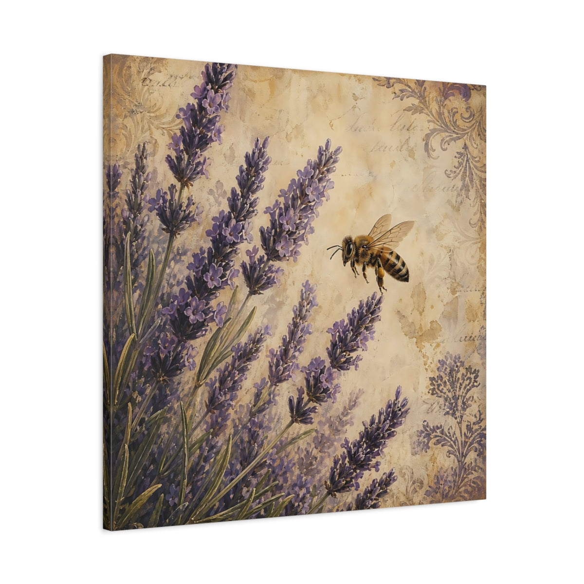 Side Mockup 3. Nature Lavender Bee Lavender Bee shown as stretched canvas wall art