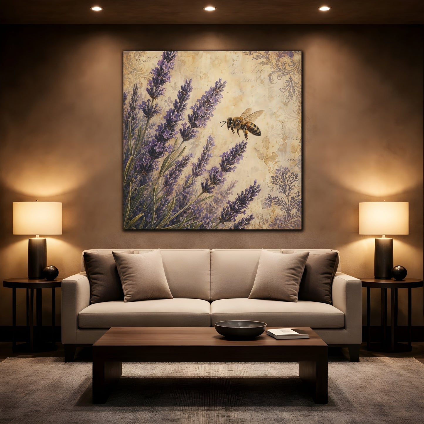 Mockup 2. Nature Lavender Bee Lavender Bee shown as stretched canvas wall art