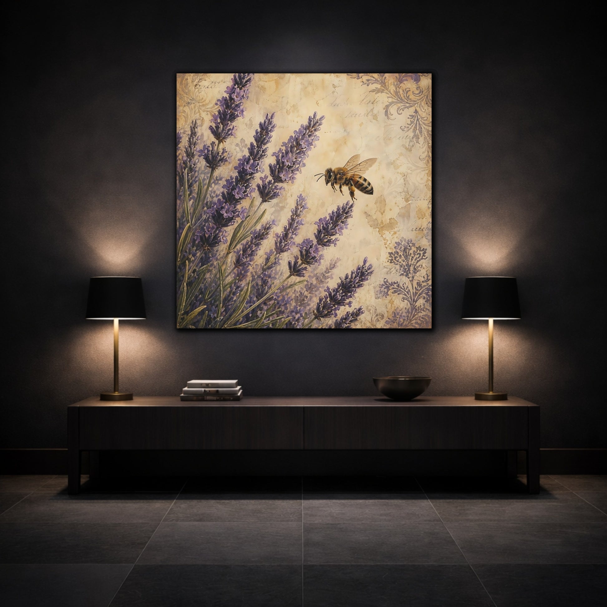 Mockup 3. Nature Lavender Bee Lavender Bee shown as stretched canvas wall art