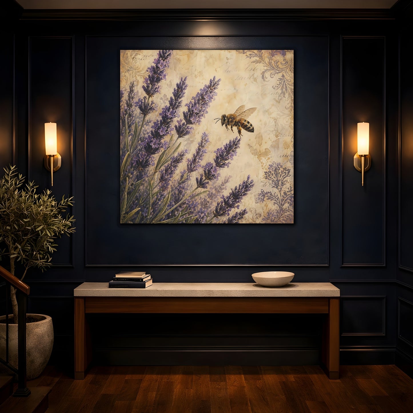 Mockup 4. Nature Lavender Bee Lavender Bee shown as stretched canvas wall art