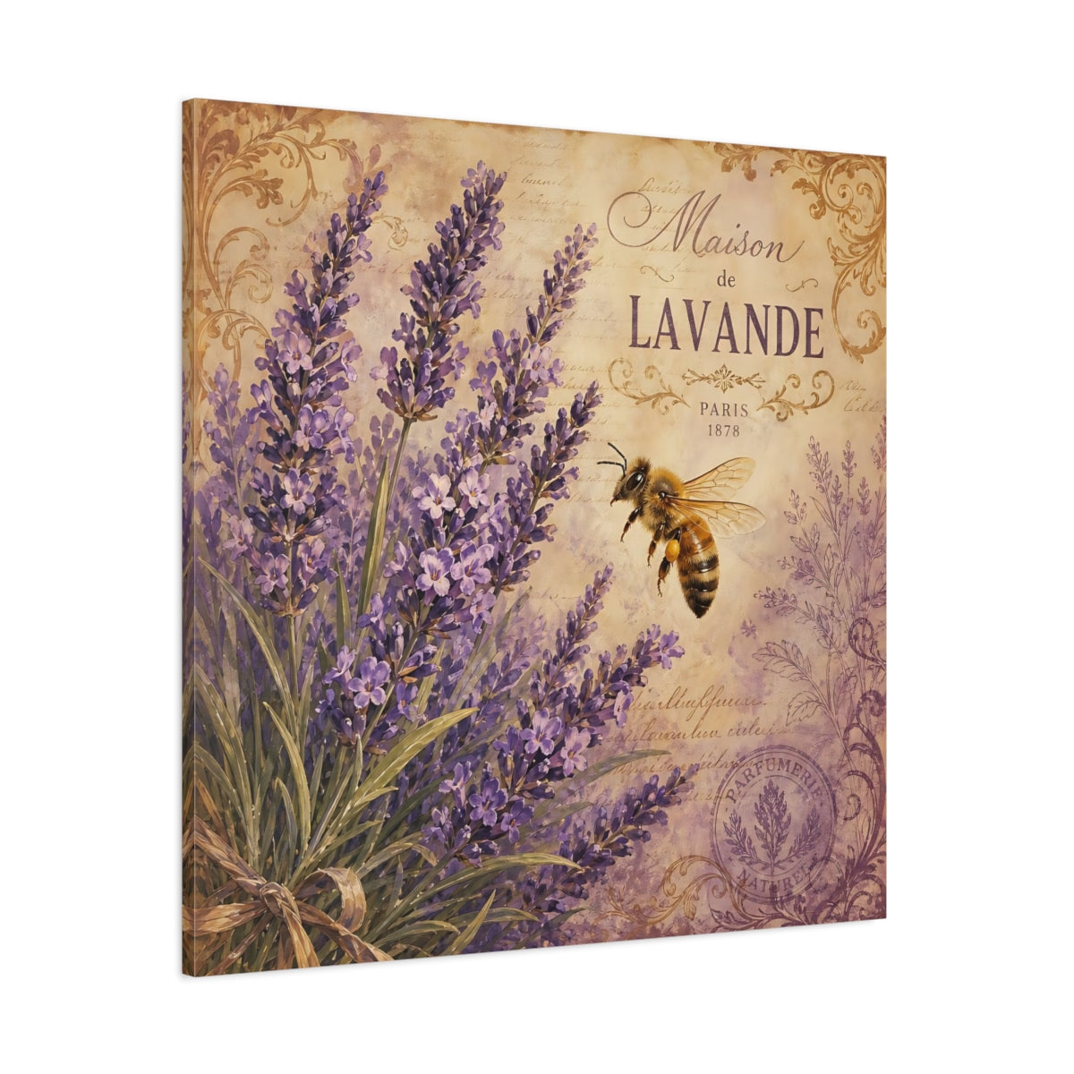 Side Mockup 1. Nature Lavender Bee Purple Lavender shown as stretched canvas wall art