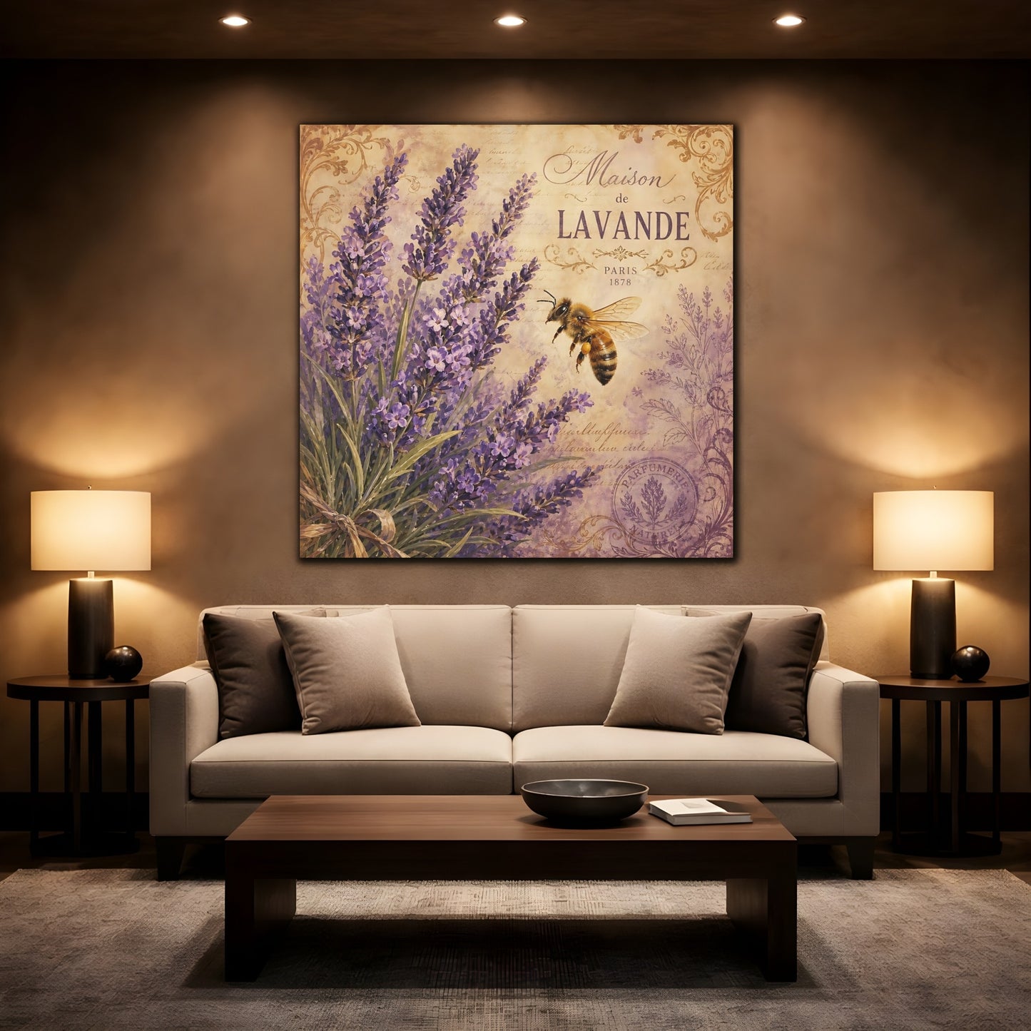Mockup 2. Nature Lavender Bee Purple Lavender shown as stretched canvas wall art