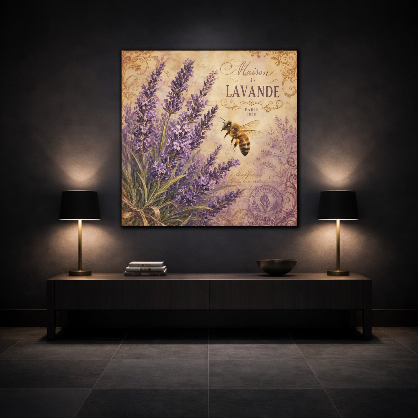 Mockup 3. Nature Lavender Bee Purple Lavender shown as stretched canvas wall art