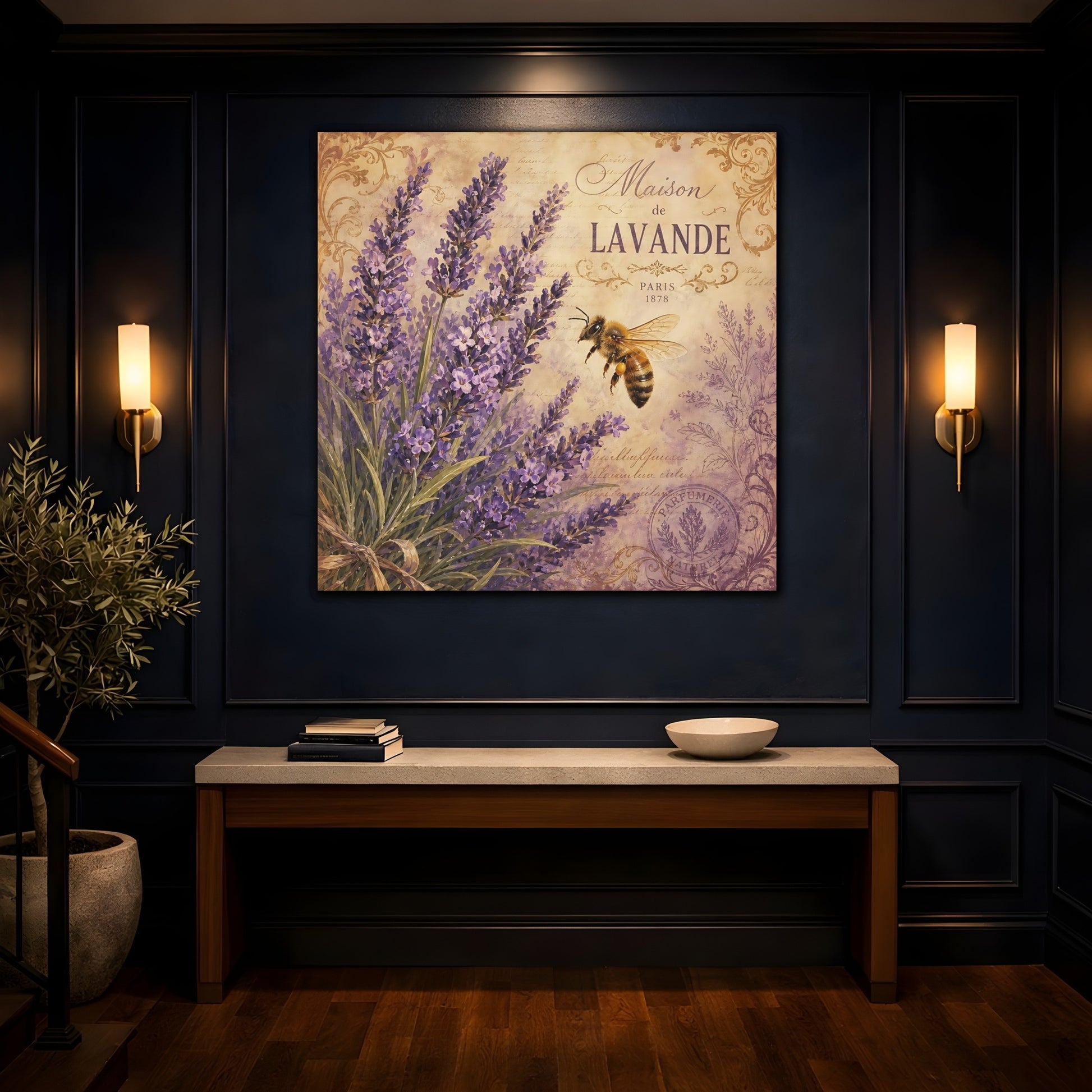 Mockup 4. Nature Lavender Bee Purple Lavender shown as stretched canvas wall art