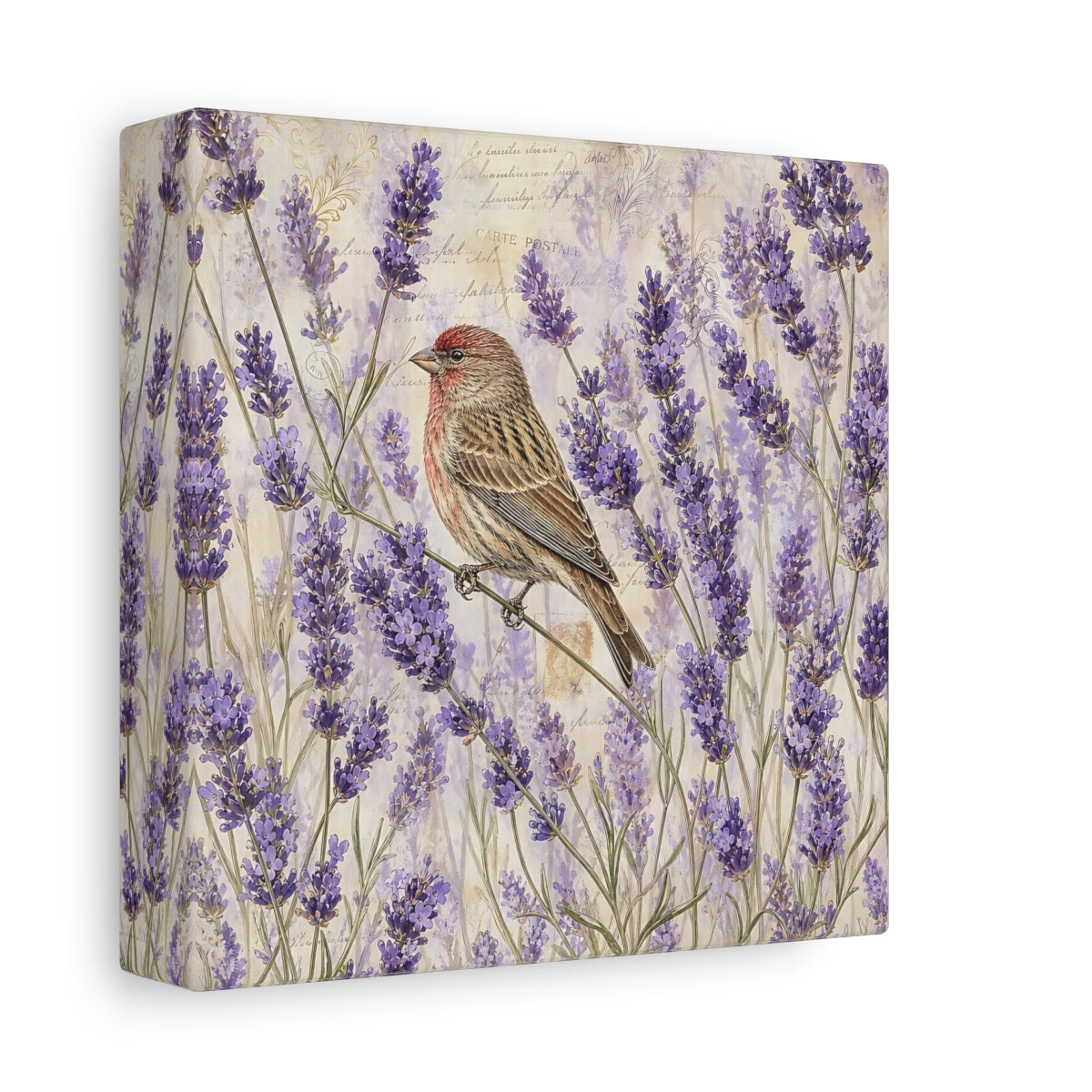 Side Mockup 2. Nature Lavender Bird Purple Lavender Bird shown as stretched canvas wall art