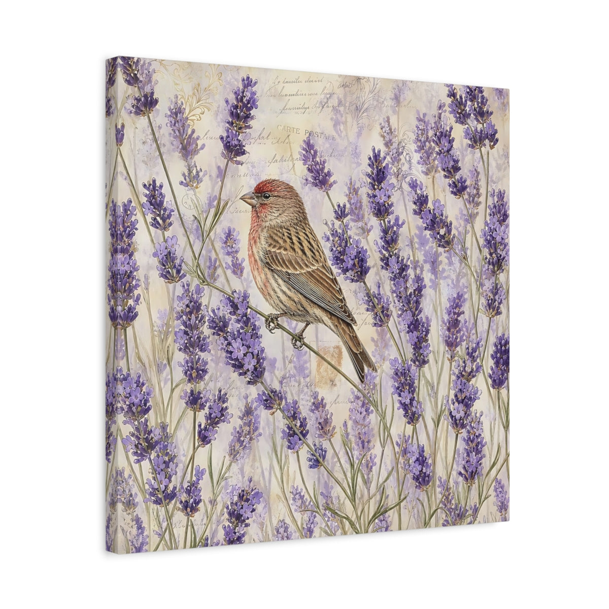 Side Mockup 5. Nature Lavender Bird Purple Lavender Bird shown as stretched canvas wall art