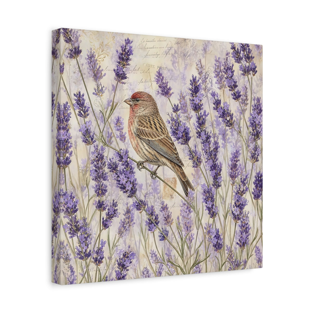 Side Mockup 7. Nature Lavender Bird Purple Lavender Bird shown as stretched canvas wall art