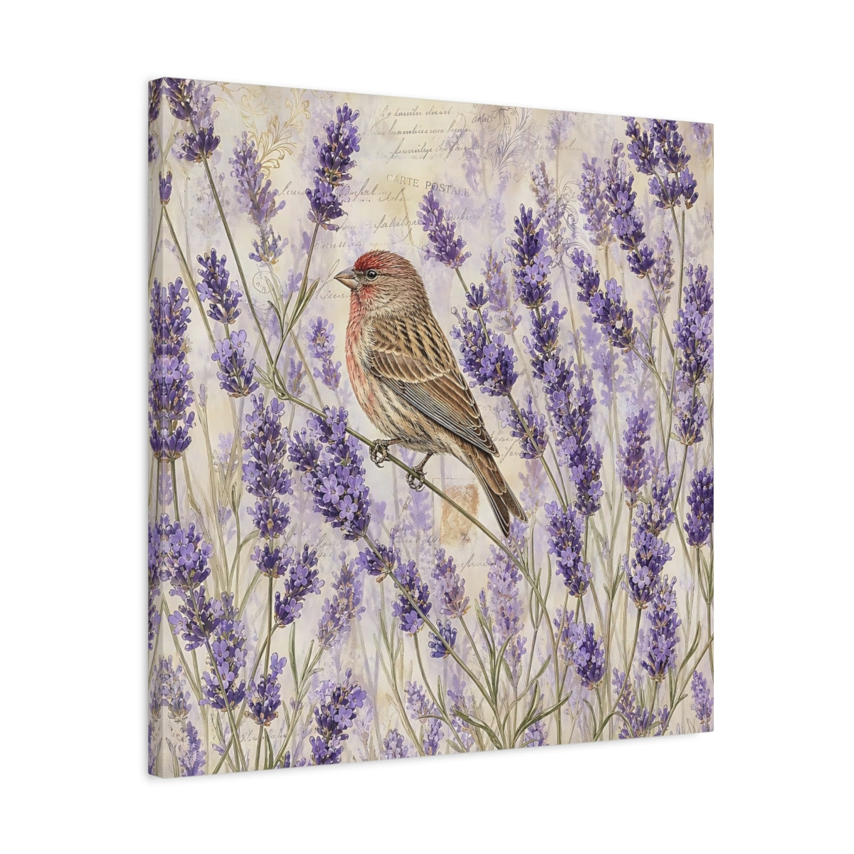 Side Mockup 4. Nature Lavender Bird Purple Lavender Bird shown as stretched canvas wall art