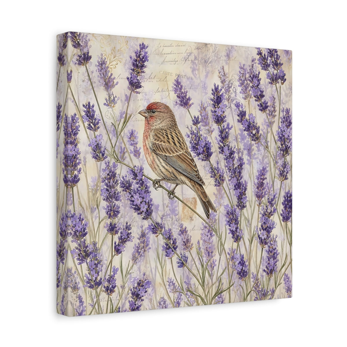 Side Mockup 8. Nature Lavender Bird Purple Lavender Bird shown as stretched canvas wall art
