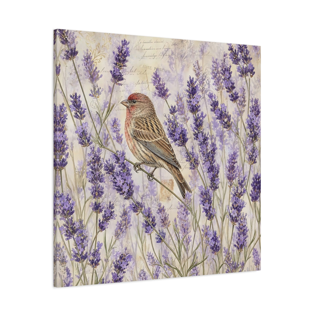 Side Mockup 1. Nature Lavender Bird Purple Lavender Bird shown as stretched canvas wall art