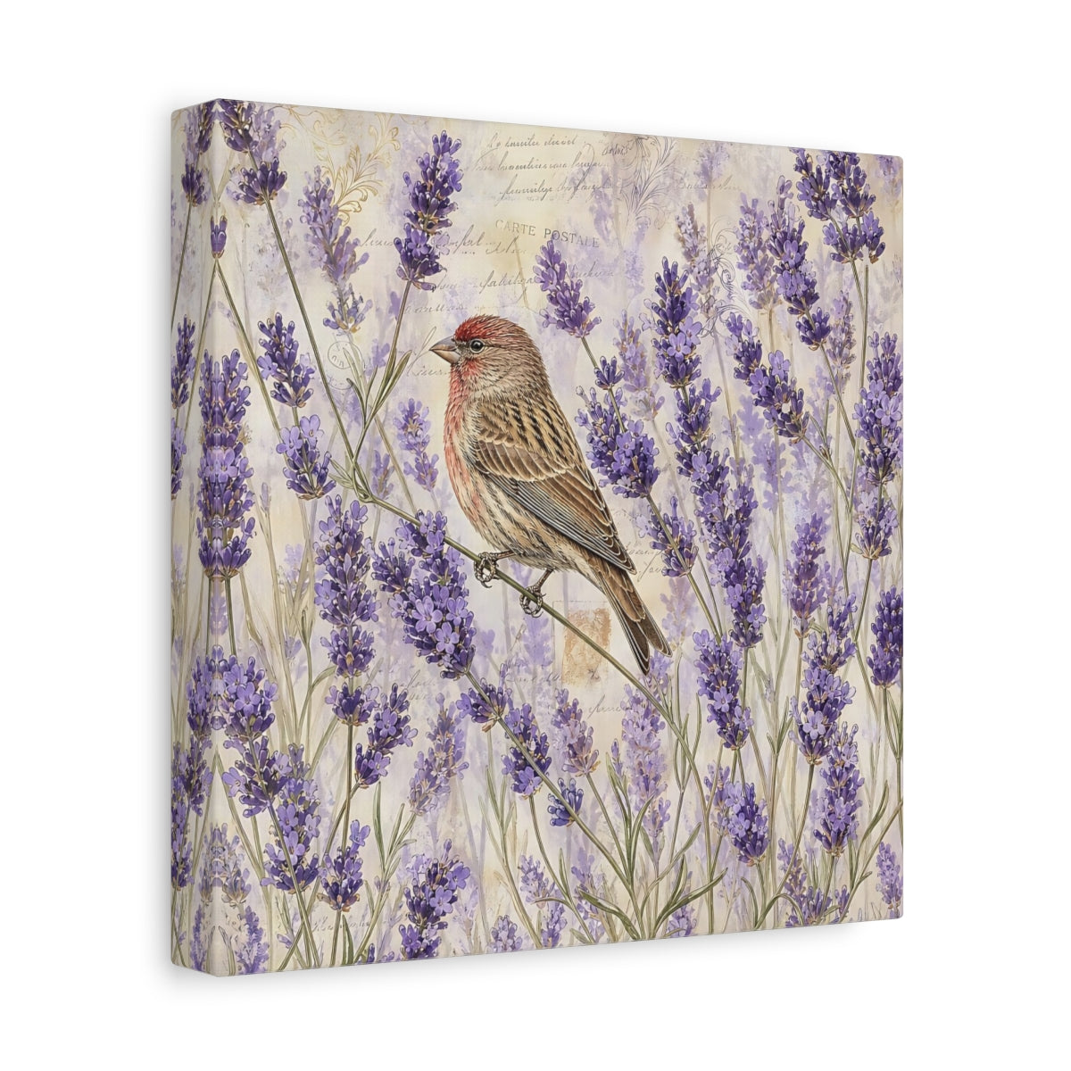 Side Mockup 9. Nature Lavender Bird Purple Lavender Bird shown as stretched canvas wall art
