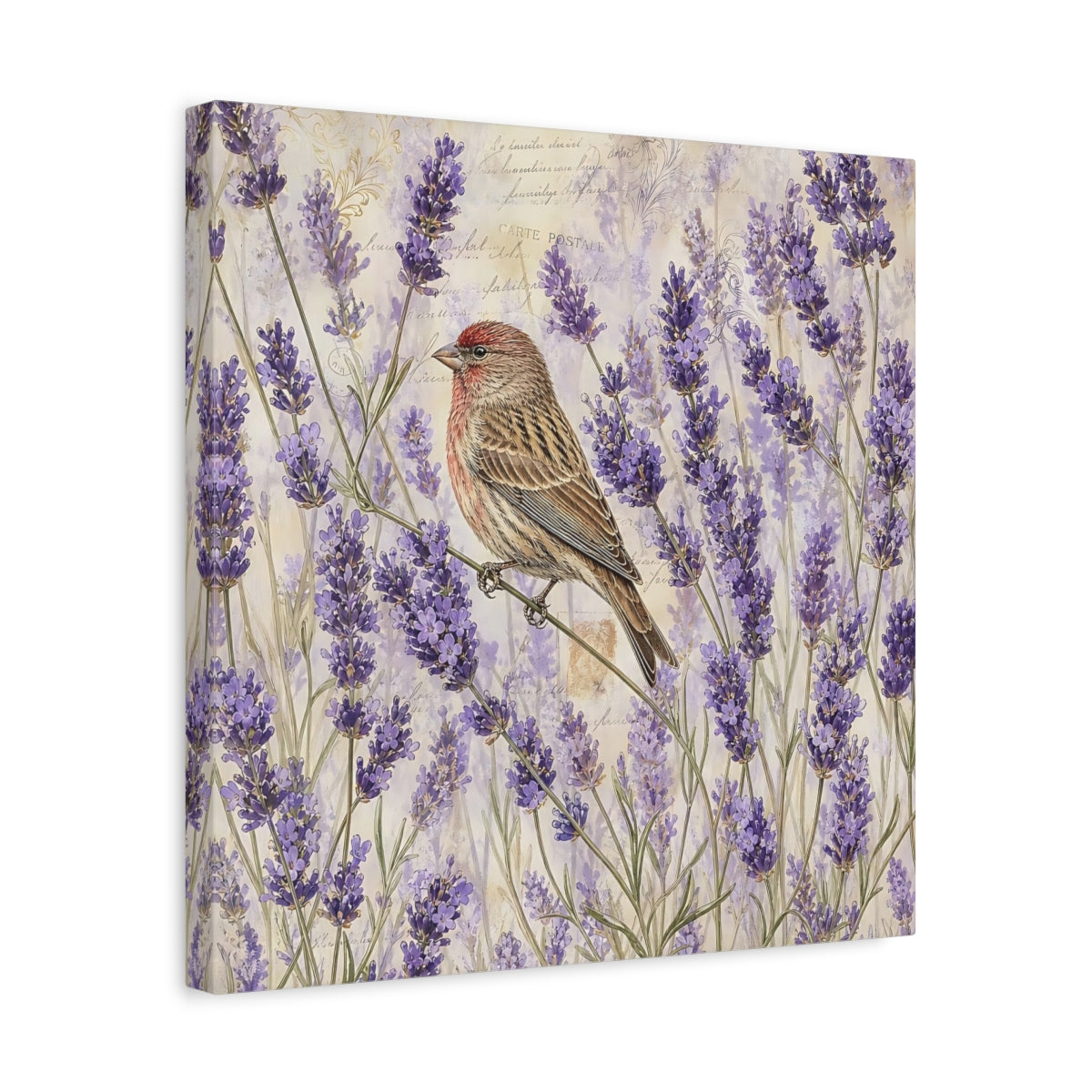 Side Mockup 6. Nature Lavender Bird Purple Lavender Bird shown as stretched canvas wall art