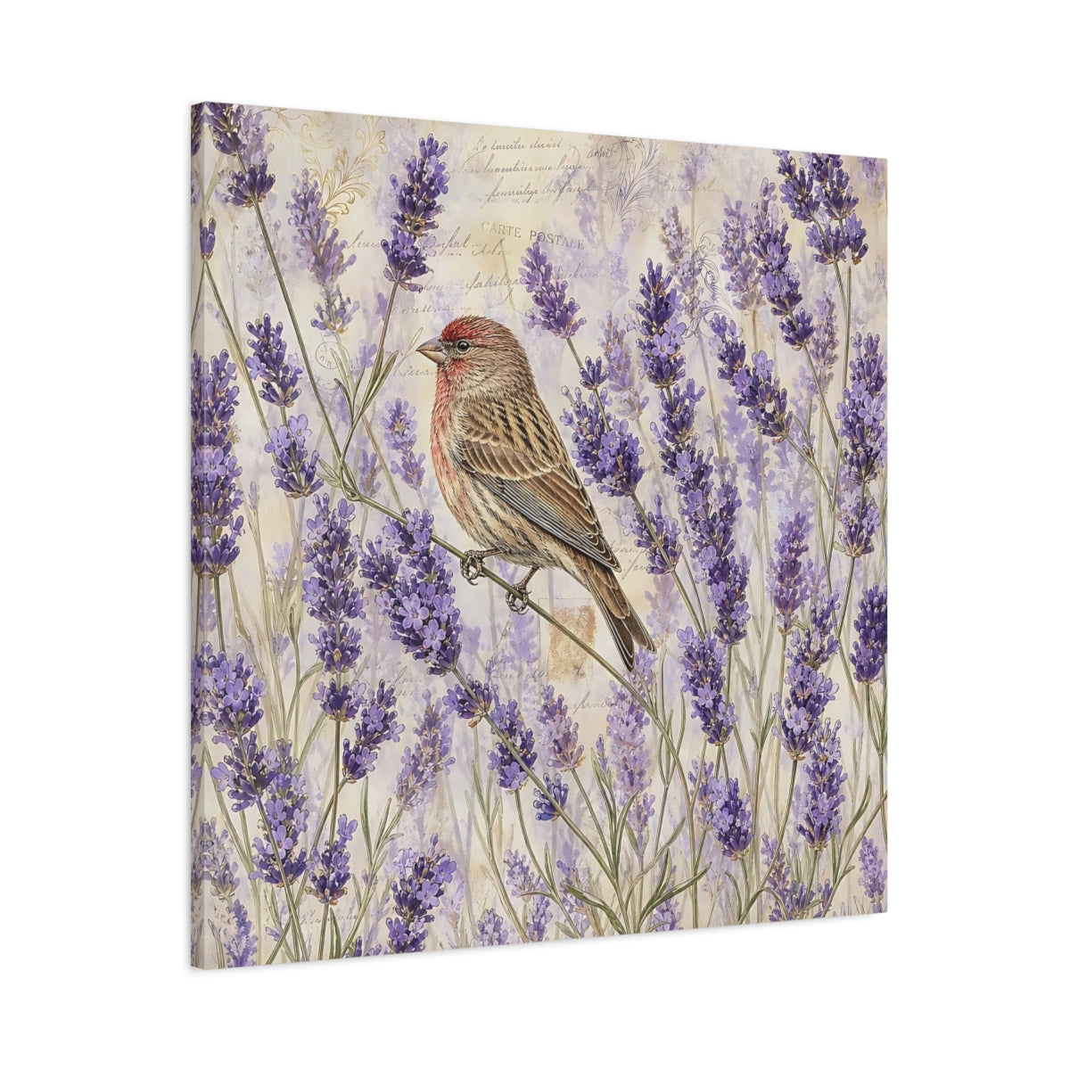 Main Mockup. Nature Lavender Bird Purple Lavender Bird shown as stretched canvas wall art