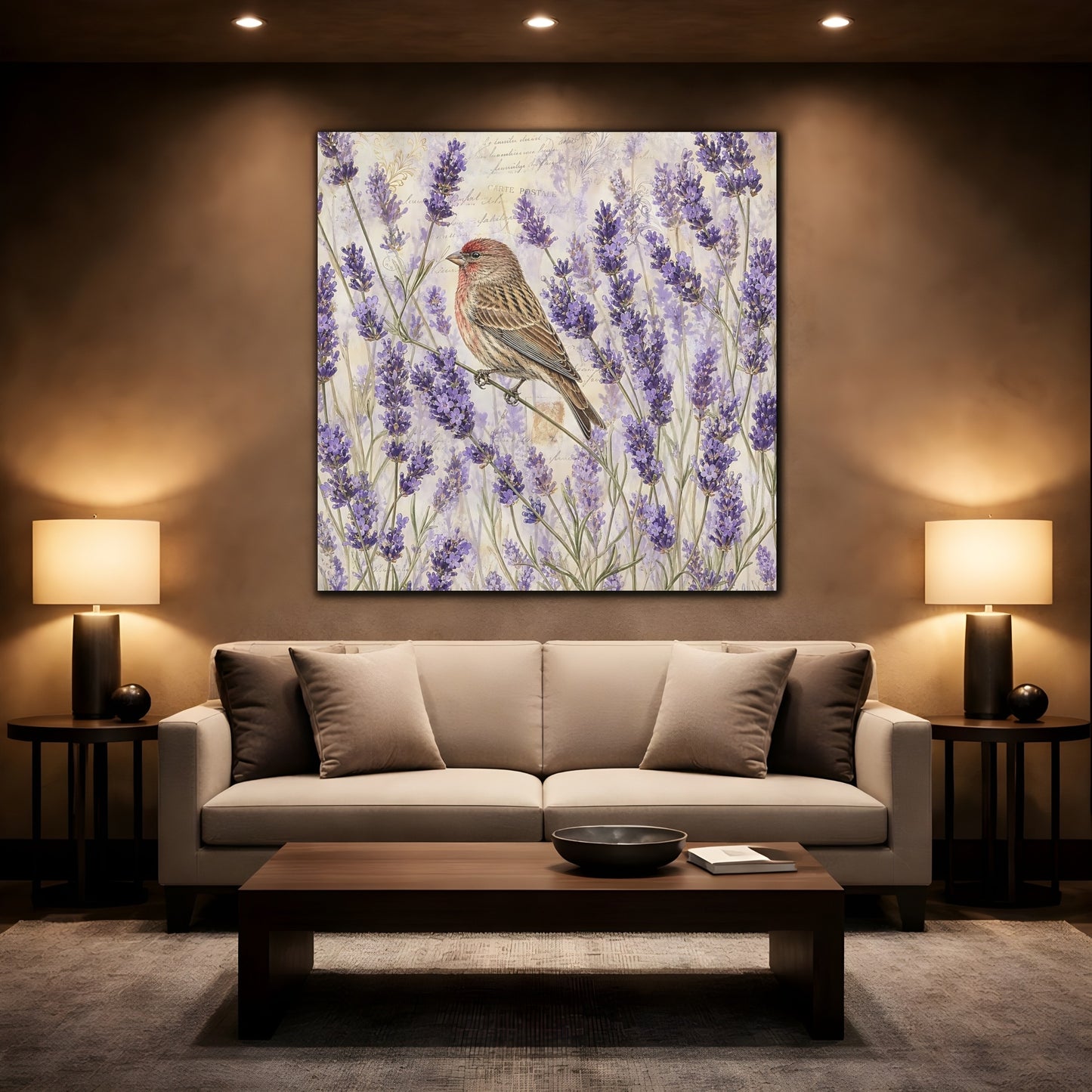 Mockup 2. Nature Lavender Bird Purple Lavender Bird shown as stretched canvas wall art