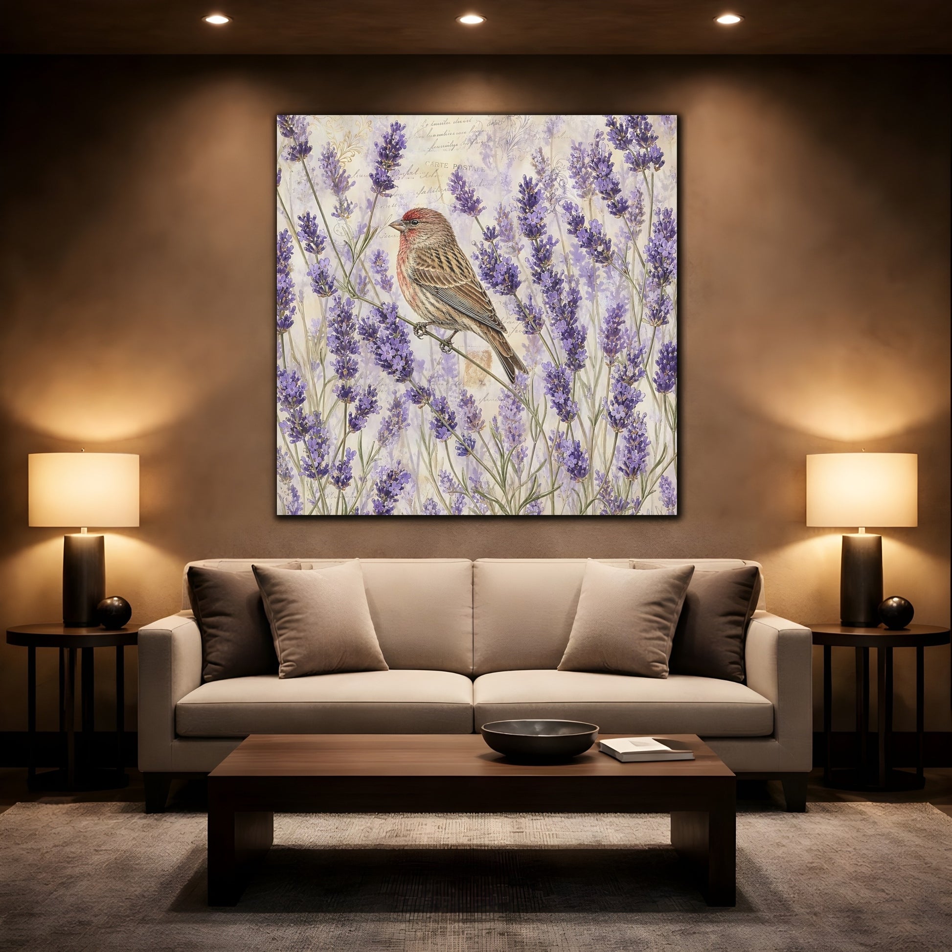 Mockup 2. Nature Lavender Bird Purple Lavender Bird shown as stretched canvas wall art