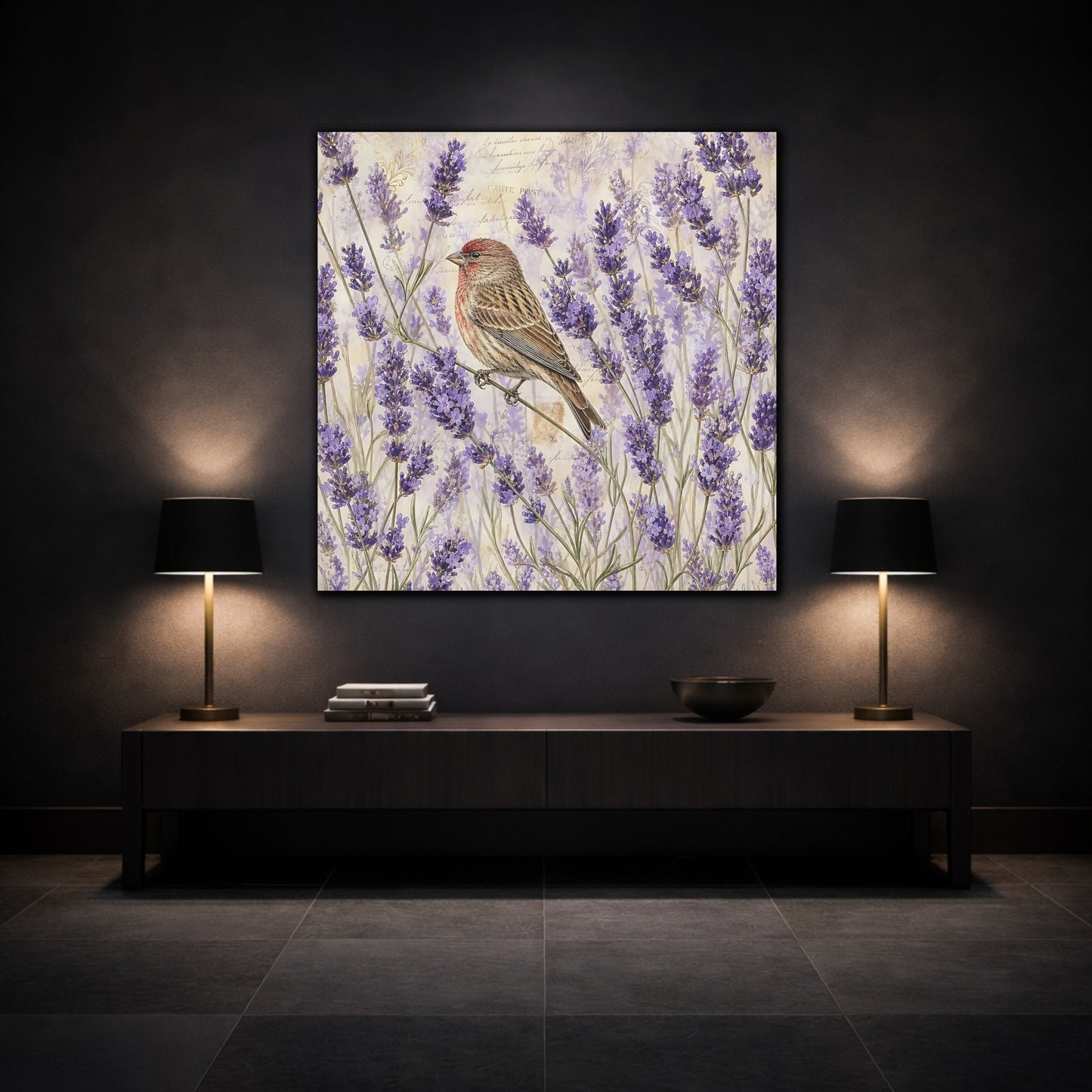 Mockup 3. Nature Lavender Bird Purple Lavender Bird shown as stretched canvas wall art