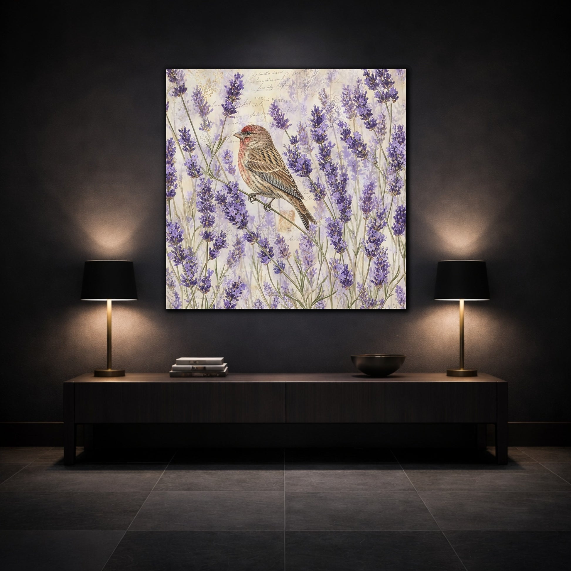 Mockup 3. Nature Lavender Bird Purple Lavender Bird shown as stretched canvas wall art