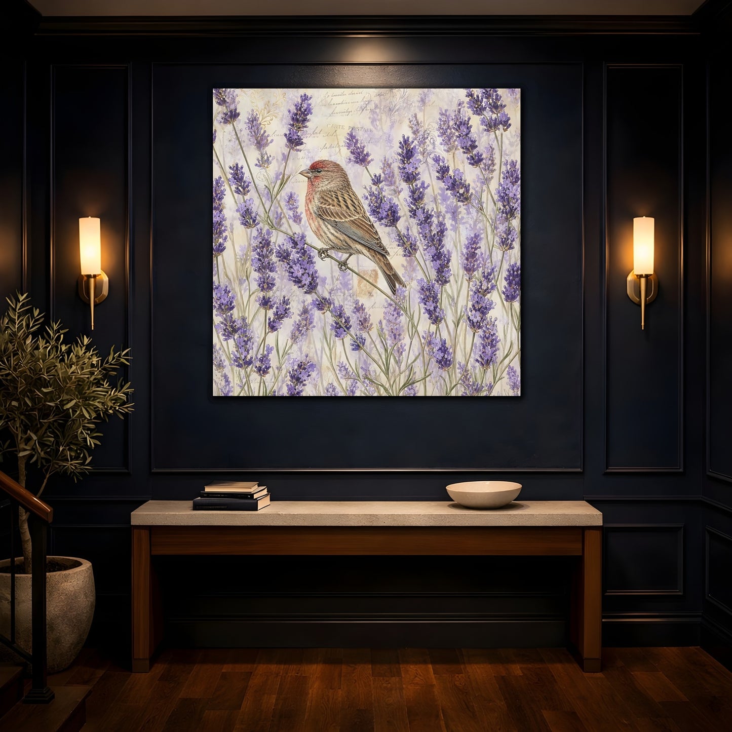 Mockup 4. Nature Lavender Bird Purple Lavender Bird shown as stretched canvas wall art