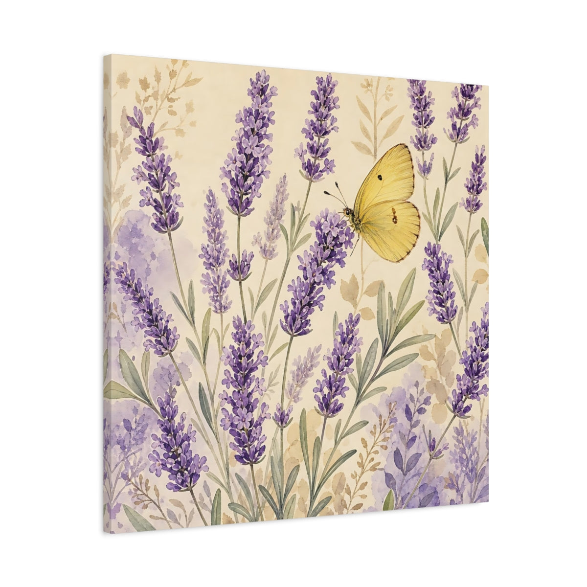 Side Mockup 3. Nature Lavender Butterfly Purple Lavender Butterfly shown as stretched canvas wall art