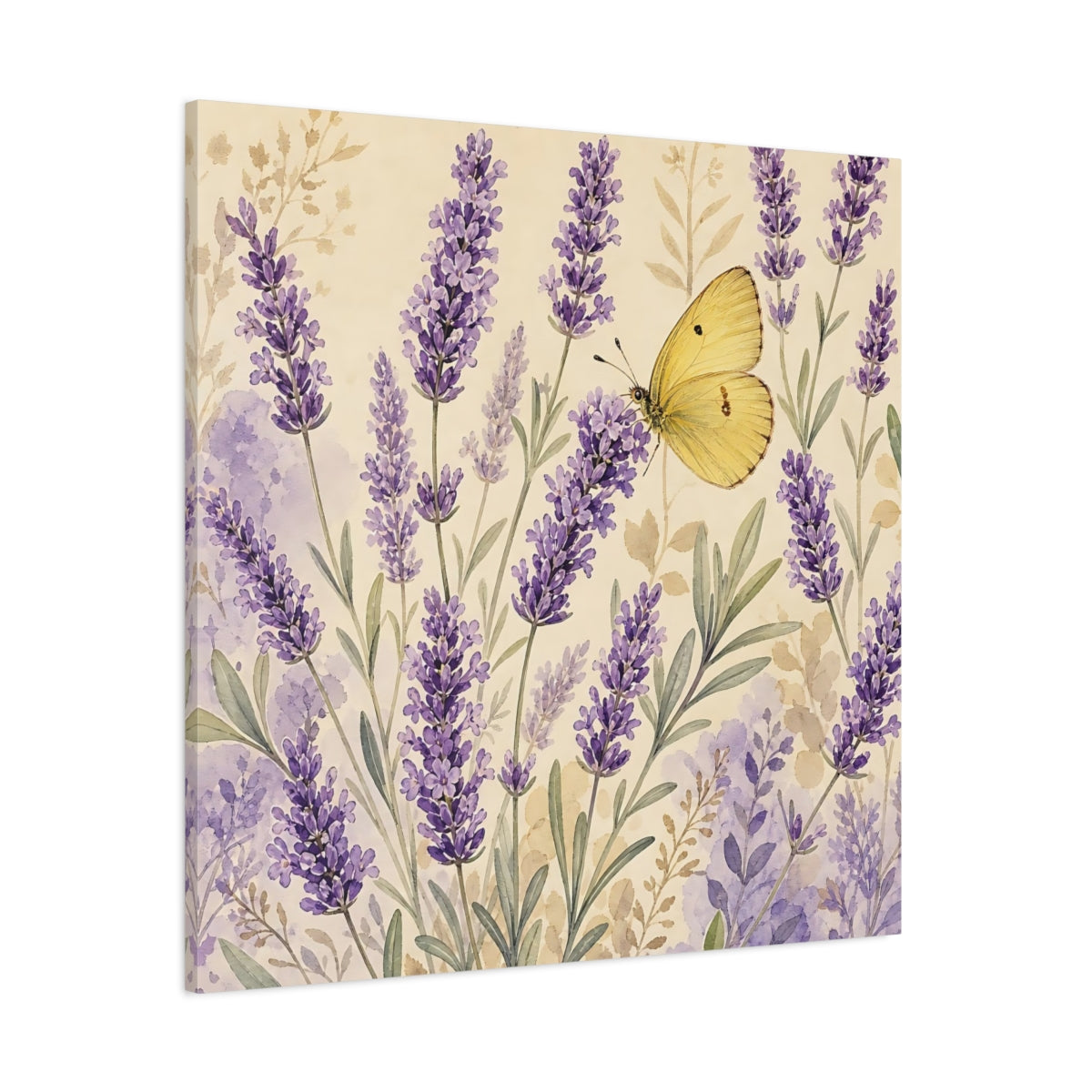 Side Mockup 1. Nature Lavender Butterfly Purple Lavender Butterfly shown as stretched canvas wall art