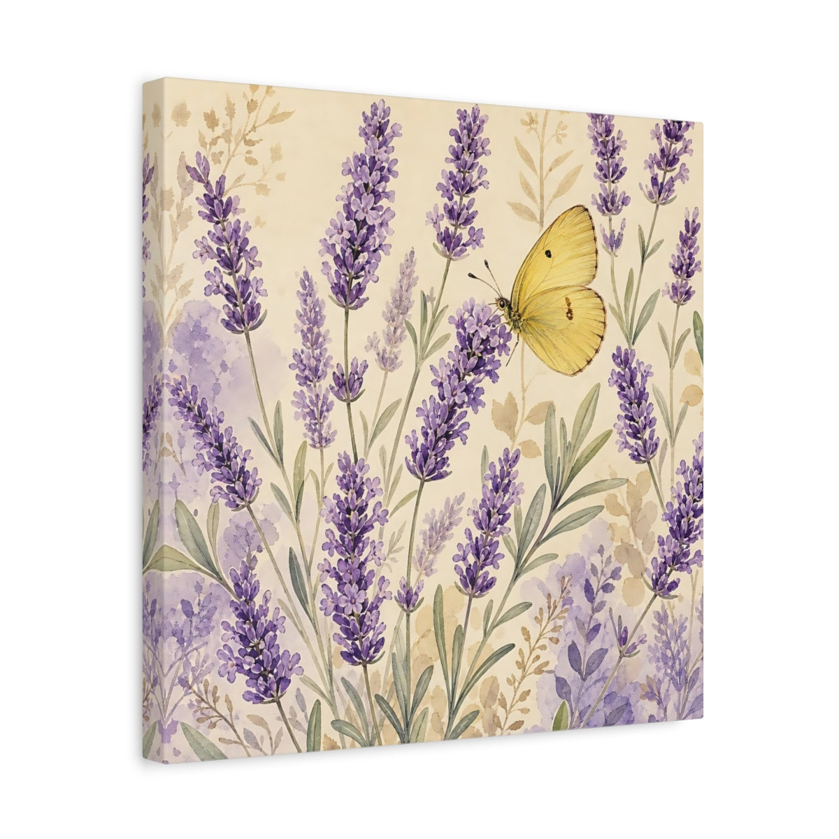 Side Mockup 6. Nature Lavender Butterfly Purple Lavender Butterfly shown as stretched canvas wall art