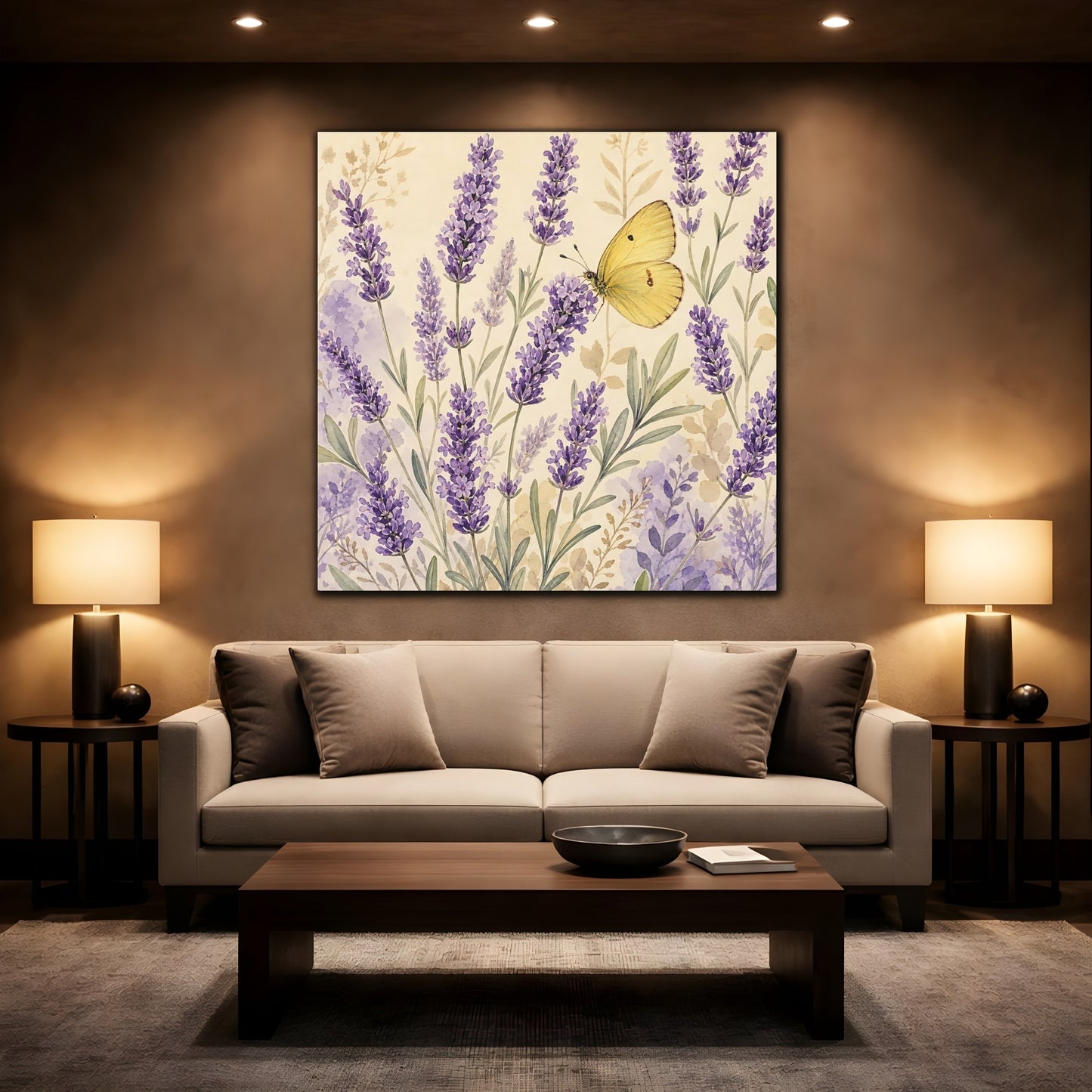 Mockup 2. Nature Lavender Butterfly Purple Lavender Butterfly shown as stretched canvas wall art