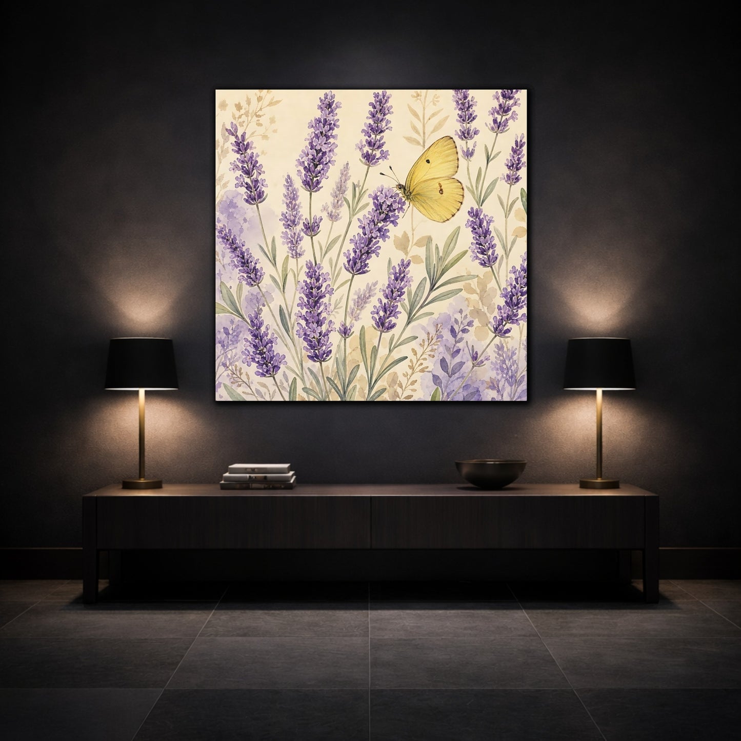 Mockup 3. Nature Lavender Butterfly Purple Lavender Butterfly shown as stretched canvas wall art