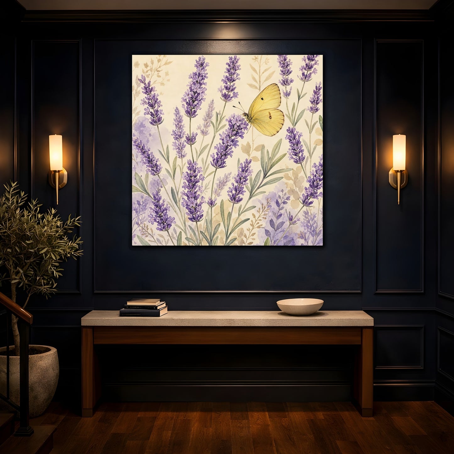 Mockup 4. Nature Lavender Butterfly Purple Lavender Butterfly shown as stretched canvas wall art