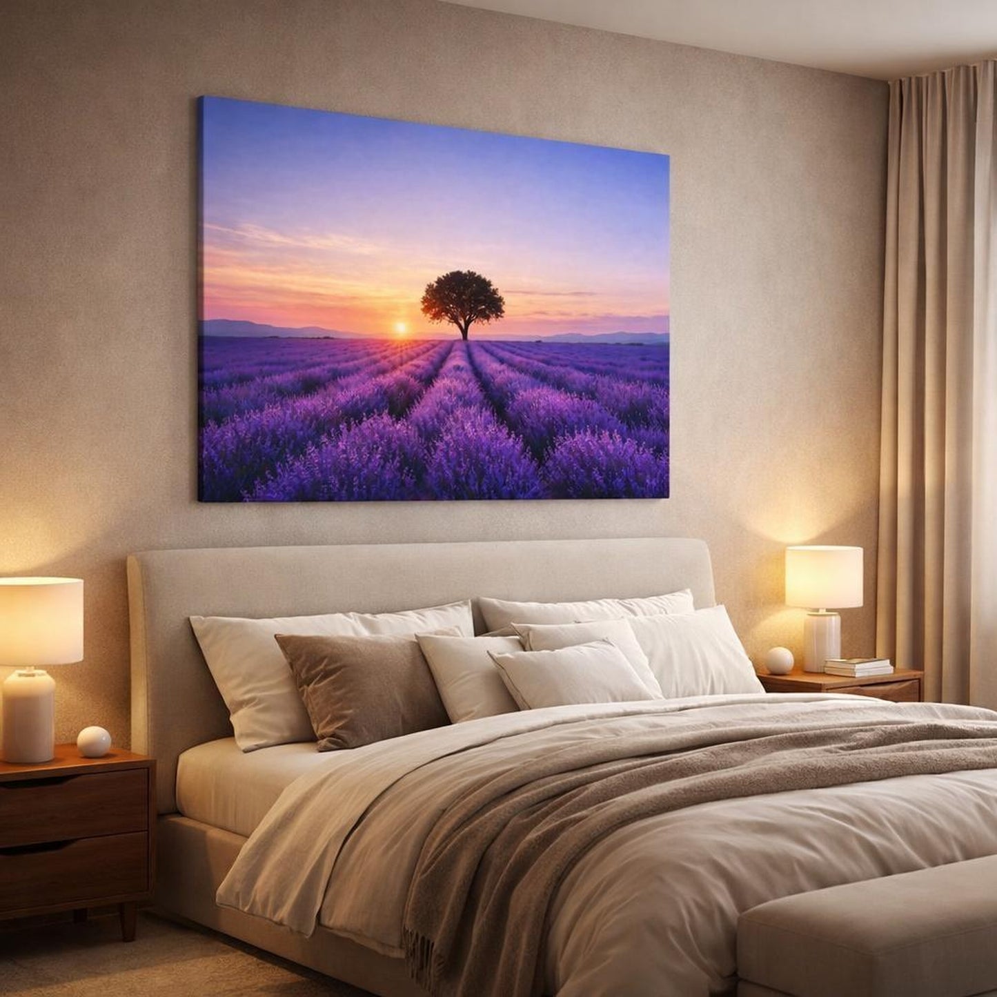 Nature Lavender Field shown as canvas wall art in a luxury bedroom