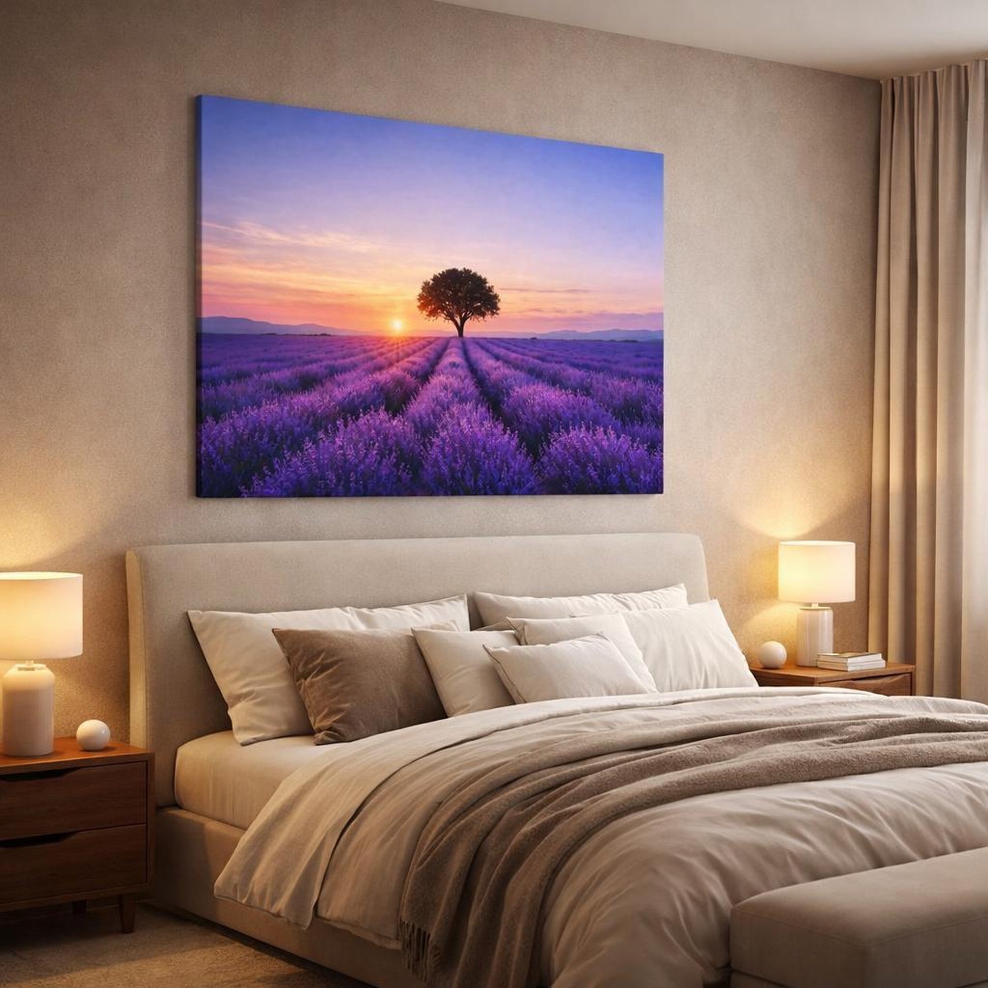 Nature Lavender Field shown as canvas wall art in a luxury bedroom