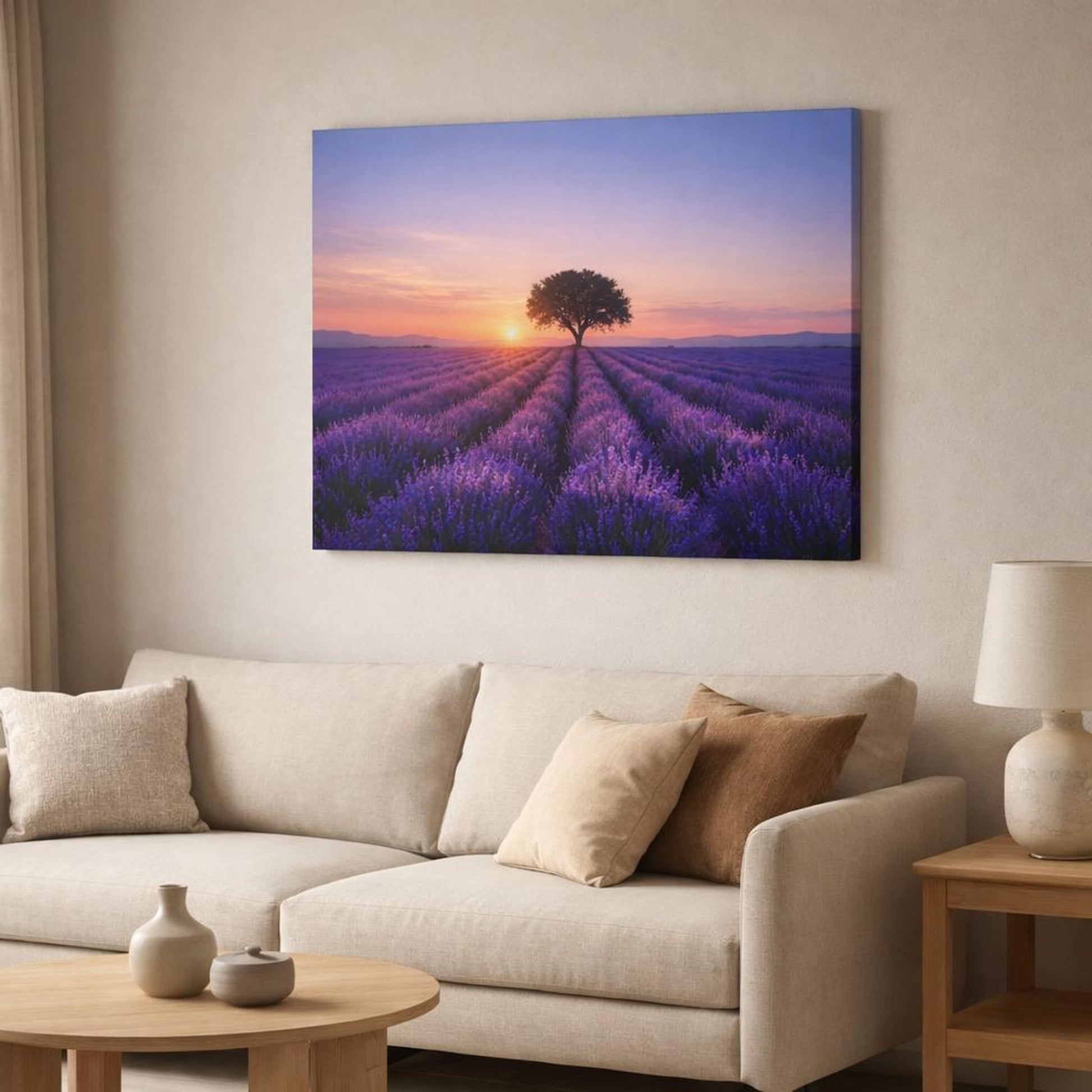 Nature Lavender Field shown as canvas wall art in a modern living room
