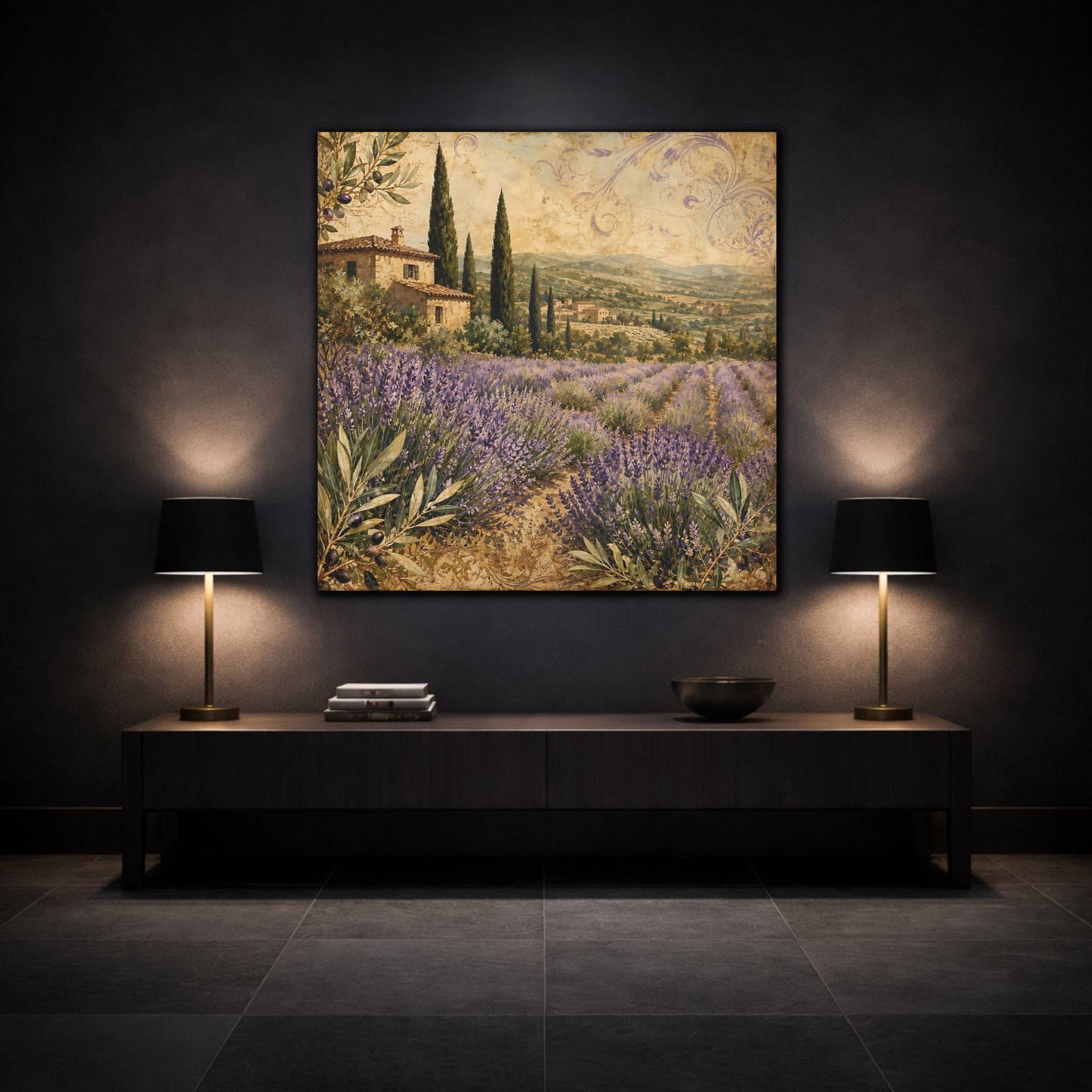 Mockup 3. Nature Lavender Field Lavender Landscape shown as stretched canvas wall art