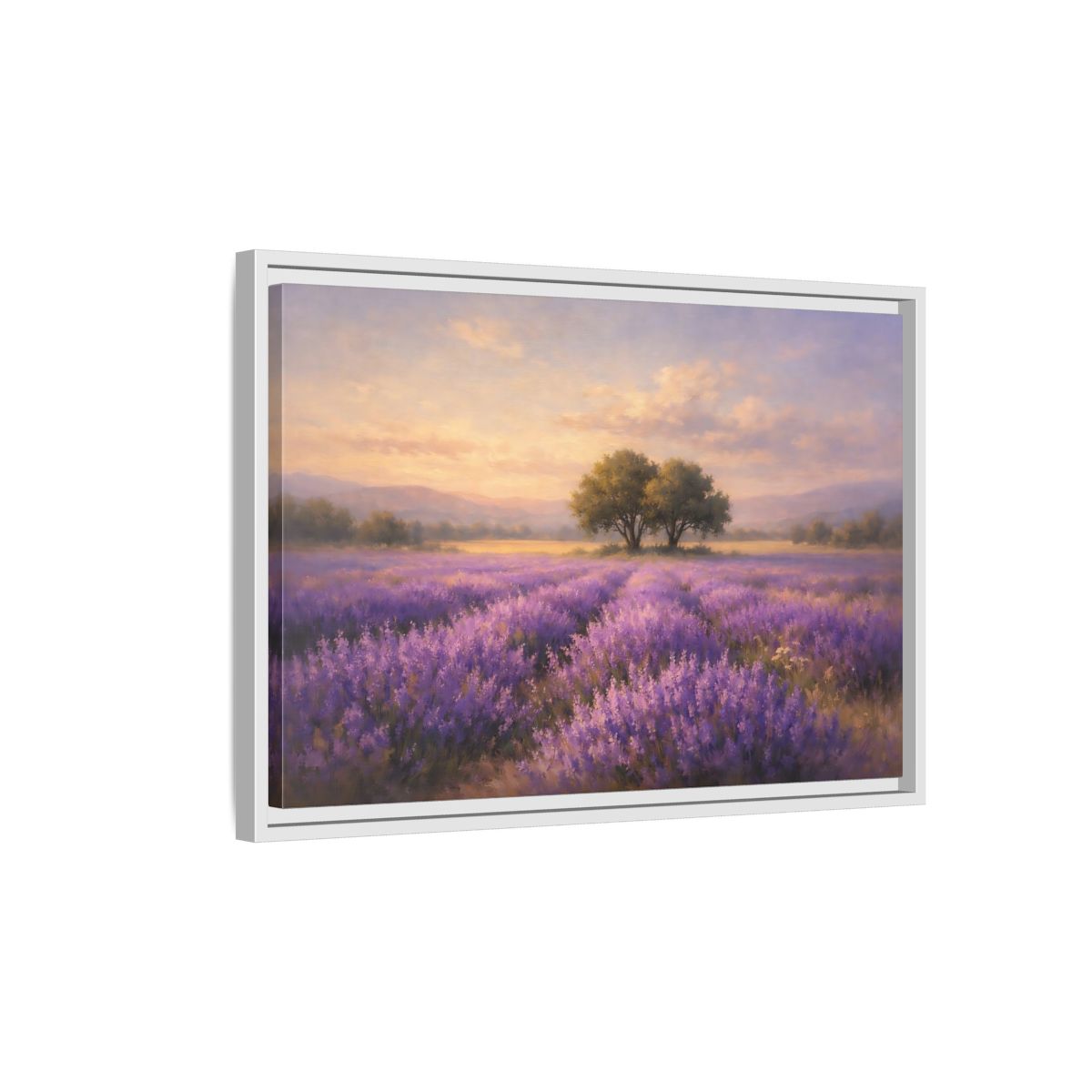 Side Mockup 1. Nature Lavender Field Purple And Gold shown as stretched canvas wall art