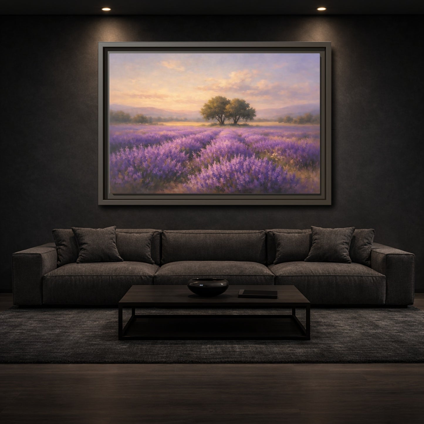 Mockup 2. Nature Lavender Field Purple And Gold shown as stretched canvas wall art