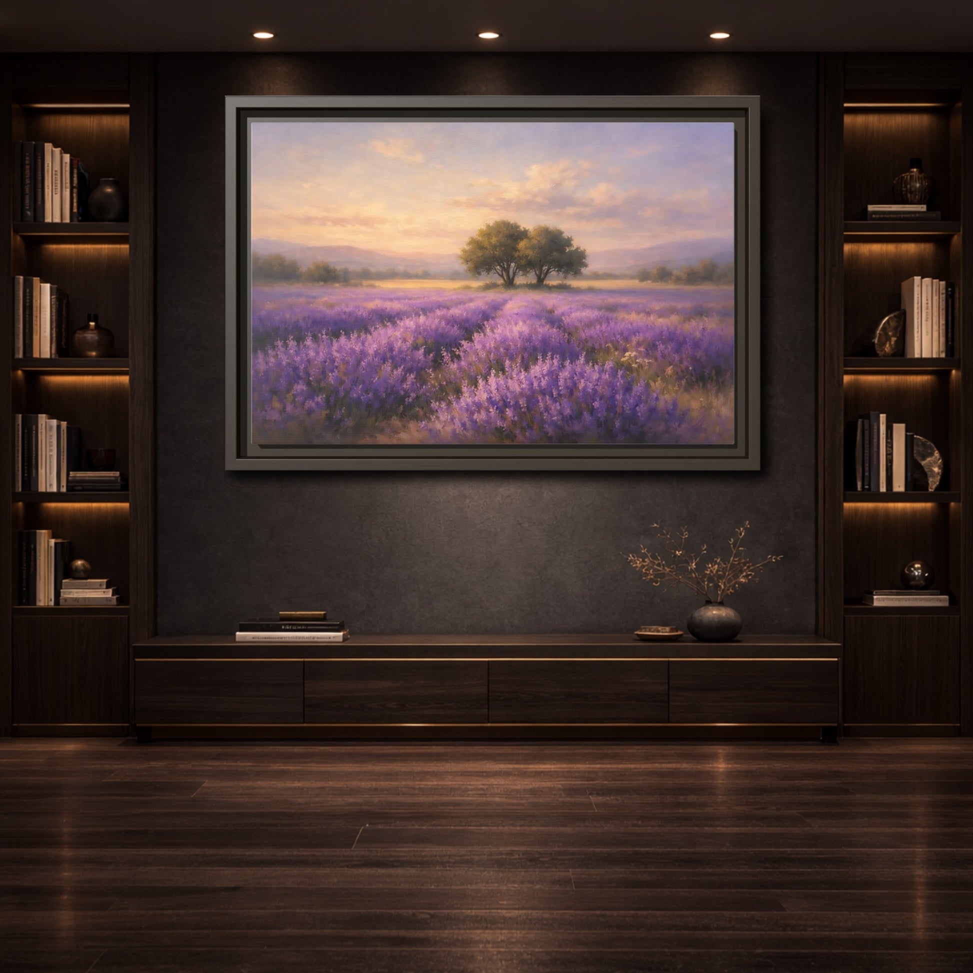 Mockup 3. Nature Lavender Field Purple And Gold shown as stretched canvas wall art
