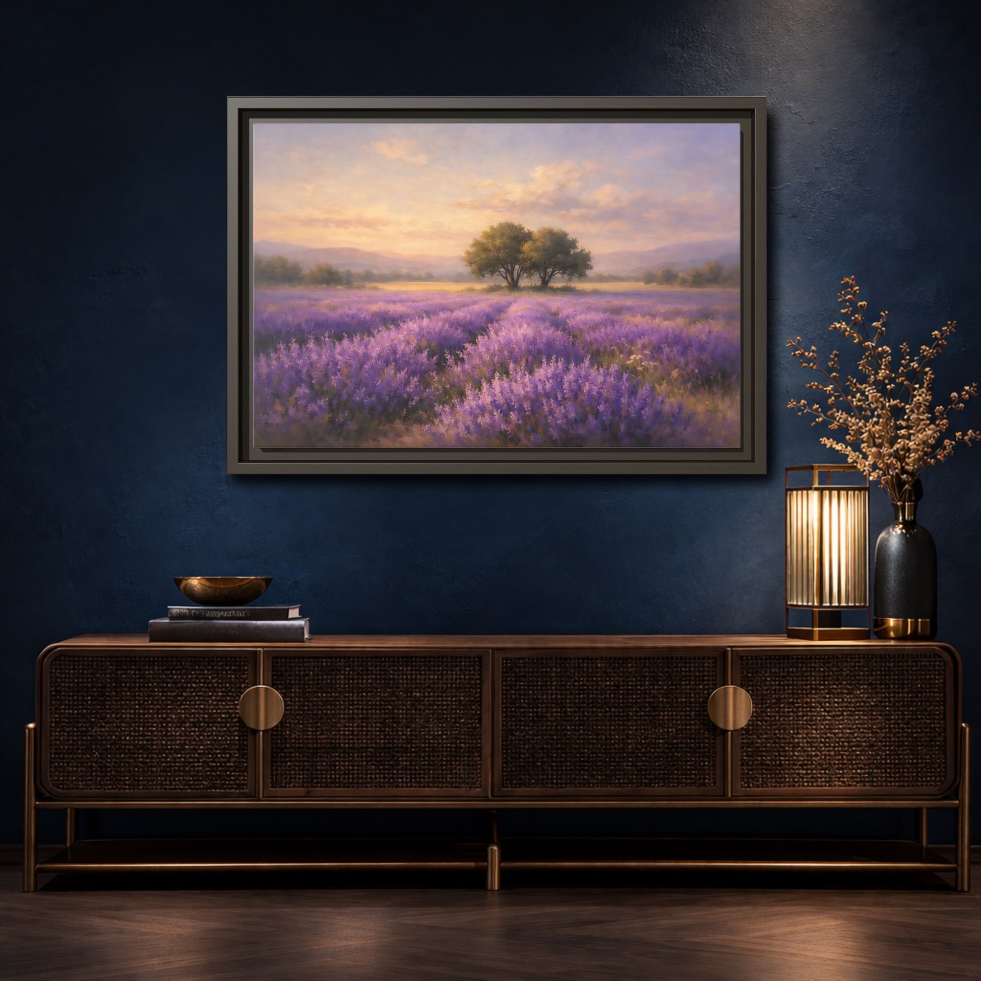 Mockup 4. Nature Lavender Field Purple And Gold shown as stretched canvas wall art