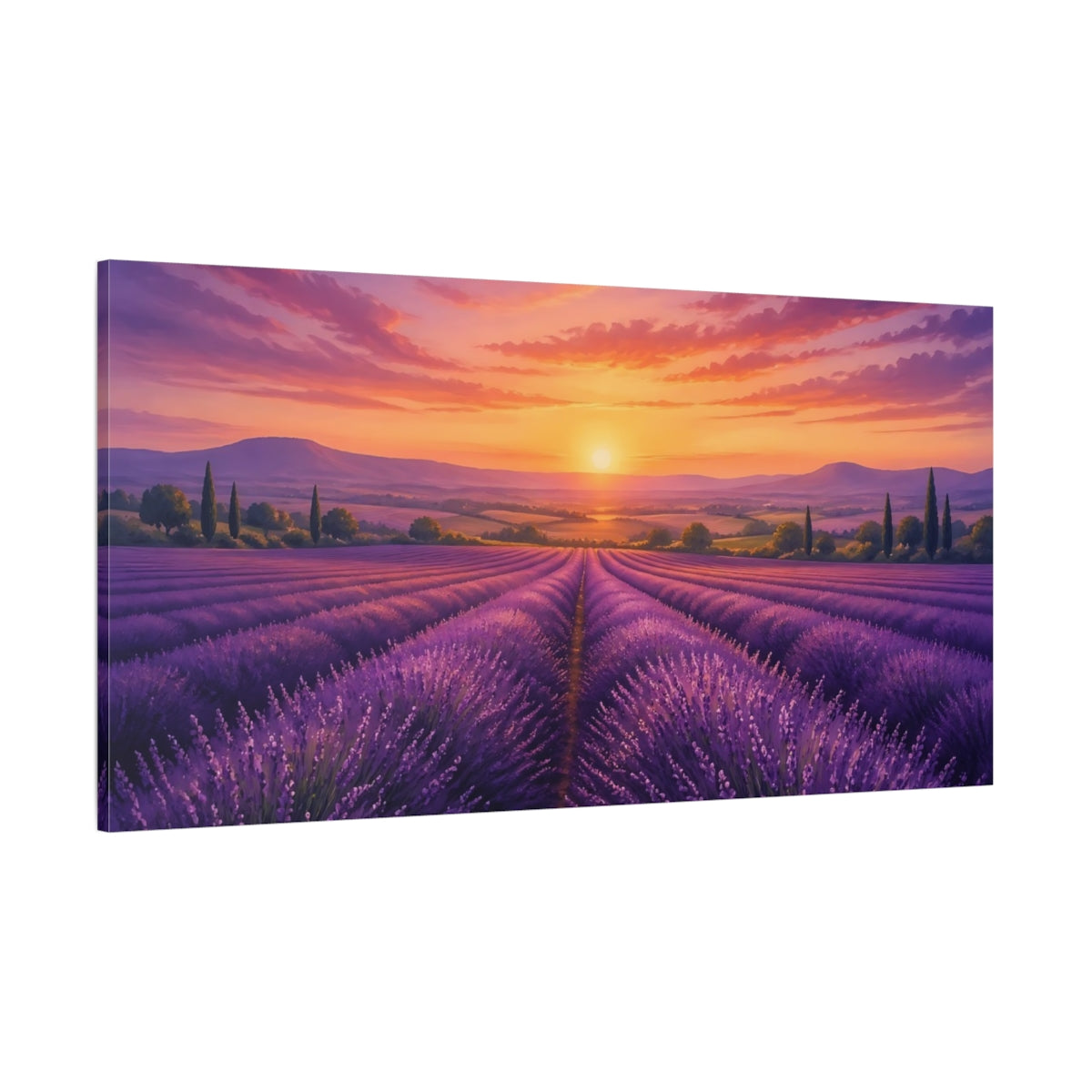 Side Mockup 2. Nature Lavender Field Purple And Orange shown as stretched canvas wall art