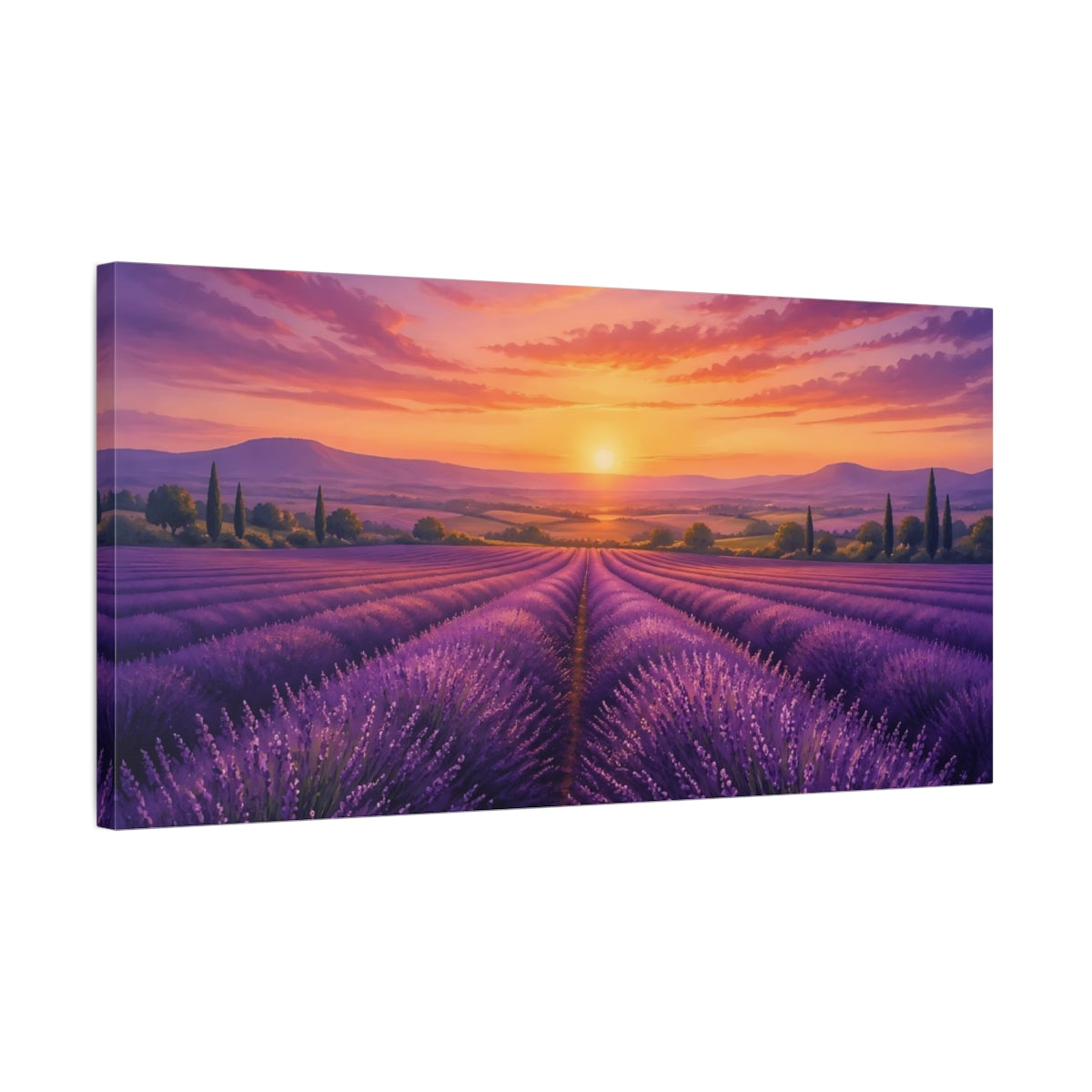 Side Mockup 1. Nature Lavender Field Purple And Orange shown as stretched canvas wall art