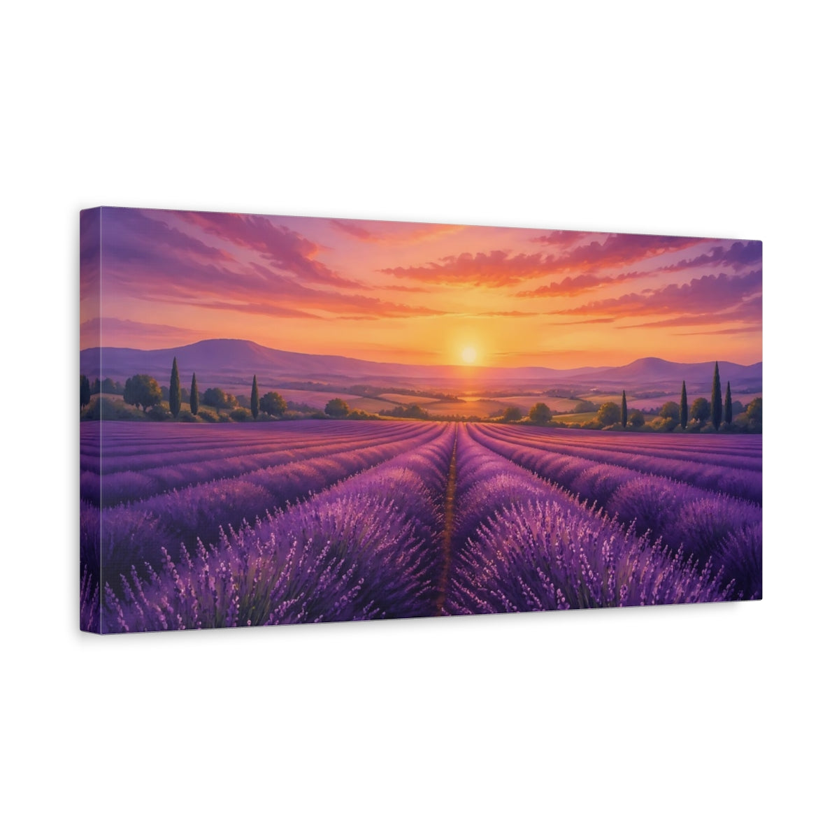 Side Mockup 3. Nature Lavender Field Purple And Orange shown as stretched canvas wall art