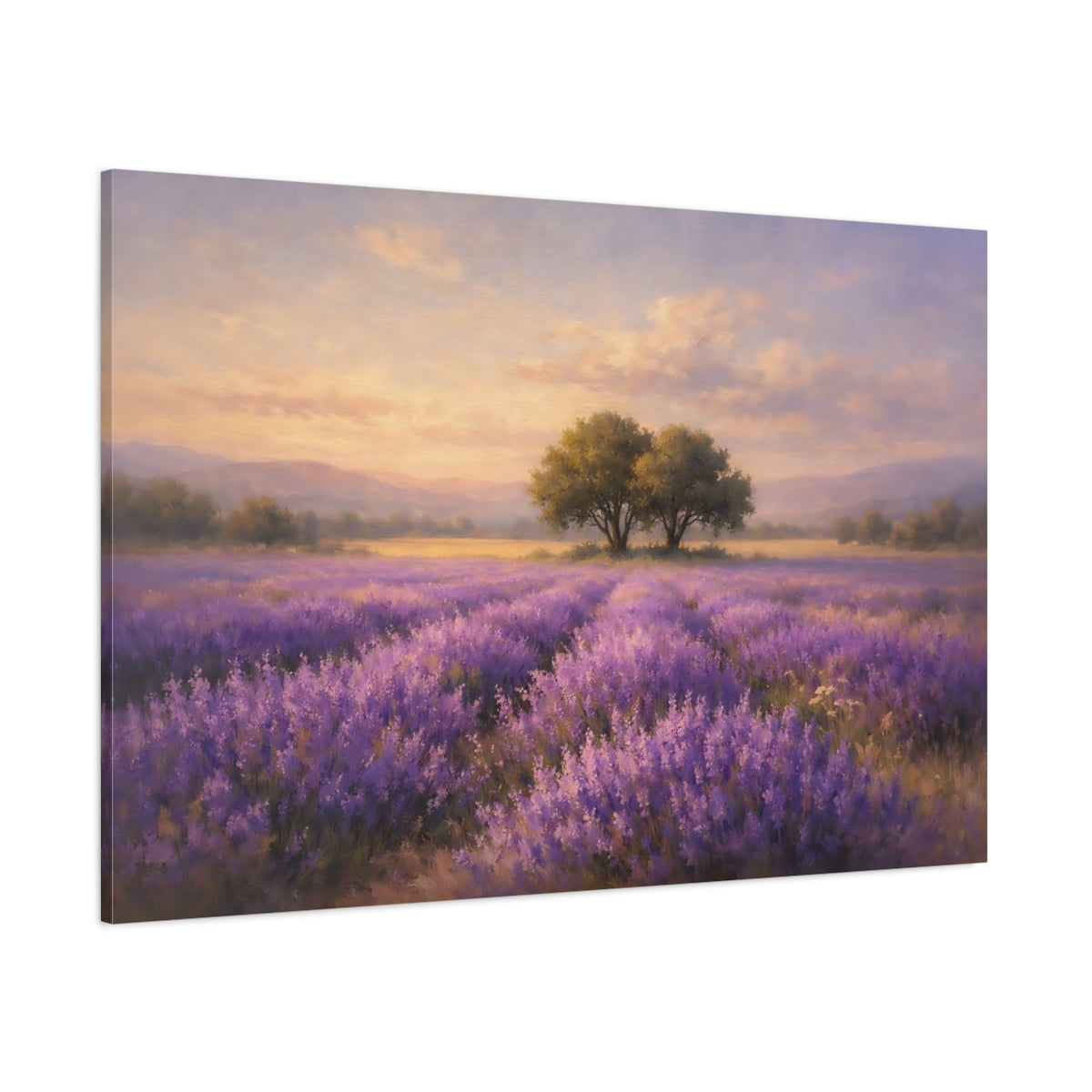 Main Mockup. Nature Lavender Field Purple And Orange Landscape shown as stretched canvas wall art