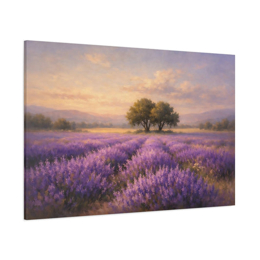 Main Mockup. Nature Lavender Field Purple And Orange Landscape shown as stretched canvas wall art