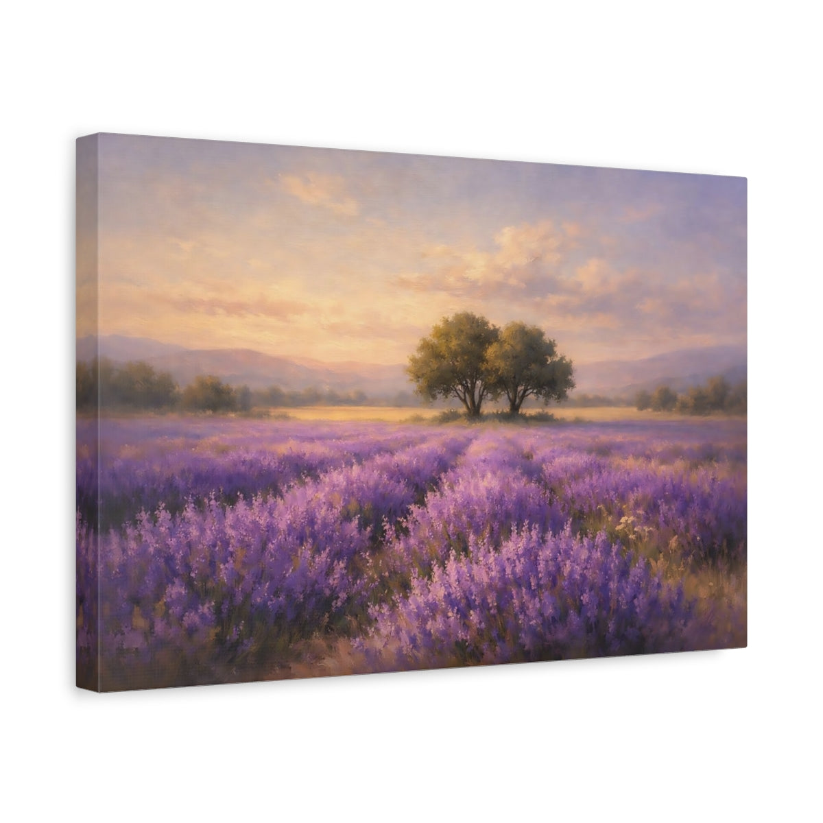 Side Mockup 4. Nature Lavender Field Purple And Orange Landscape shown as stretched canvas wall art
