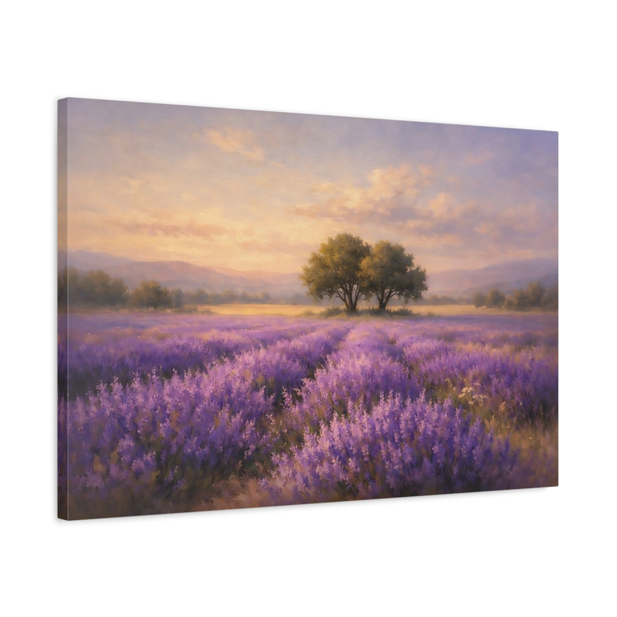 Side Mockup 2. Nature Lavender Field Purple And Orange Landscape shown as stretched canvas wall art
