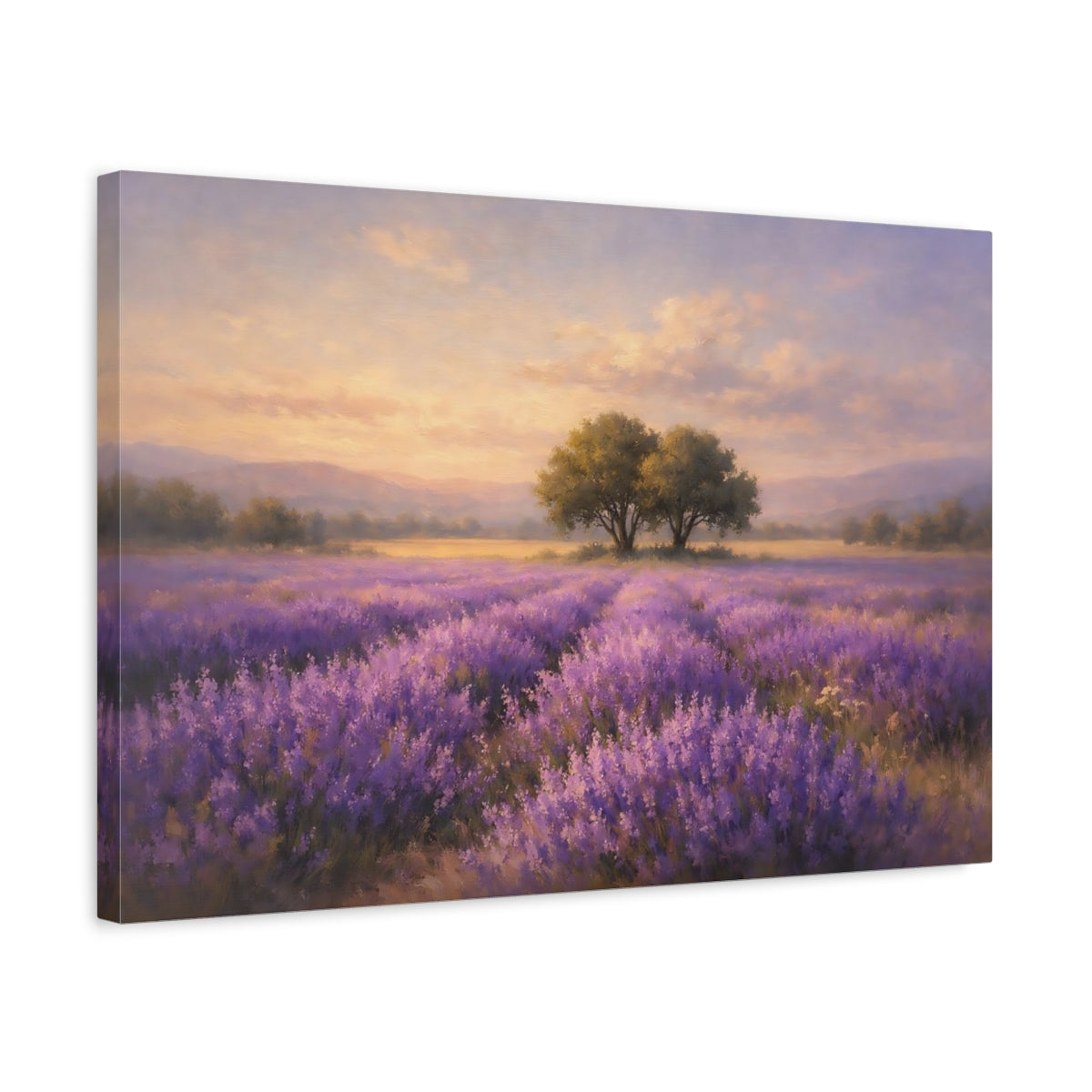 Side Mockup 3. Nature Lavender Field Purple And Orange Landscape shown as stretched canvas wall art