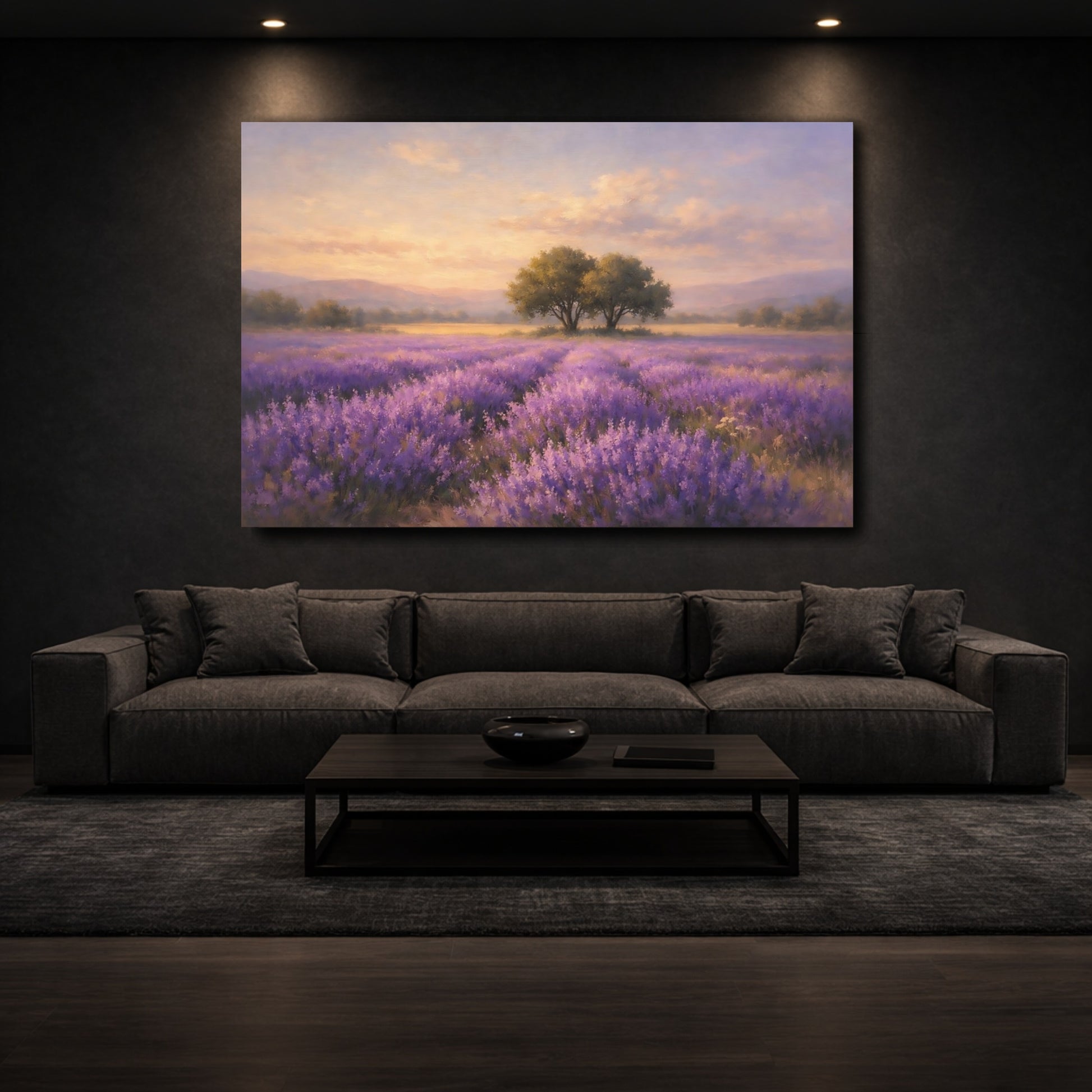 Mockup 2. Nature Lavender Field Purple And Orange Landscape shown as stretched canvas wall art