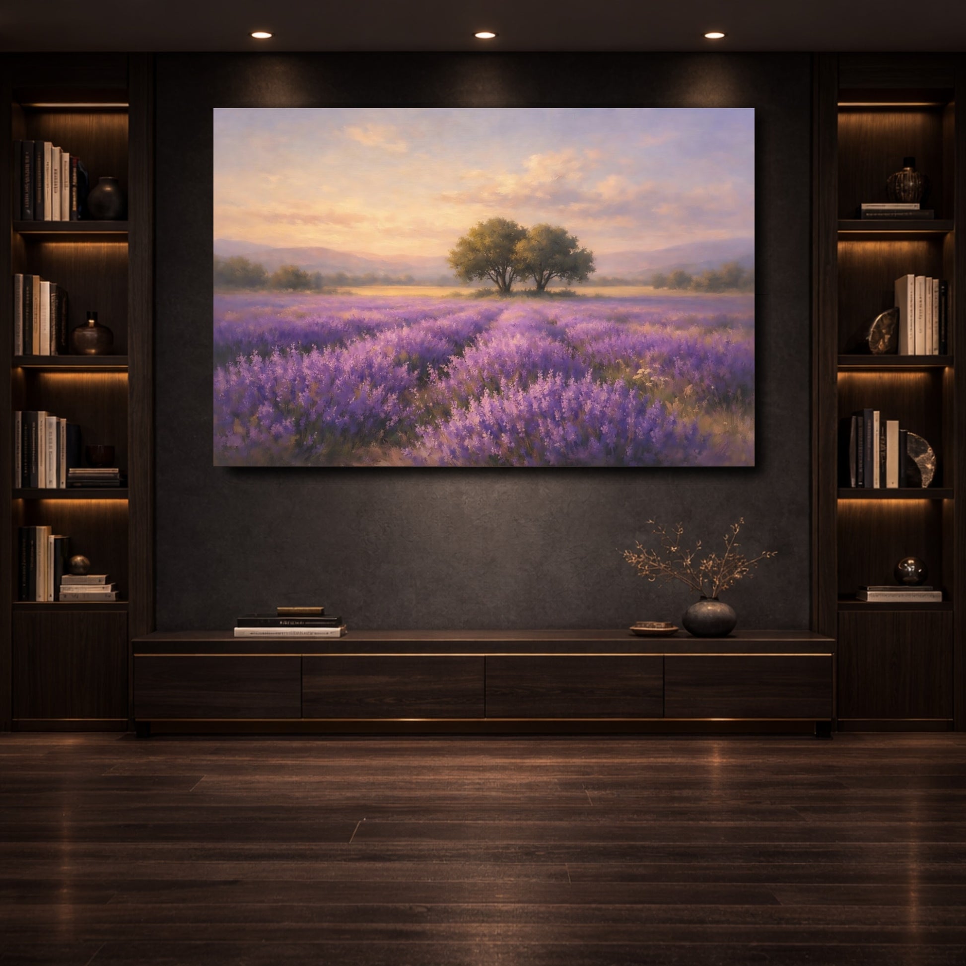 Mockup 3. Nature Lavender Field Purple And Orange Landscape shown as stretched canvas wall art