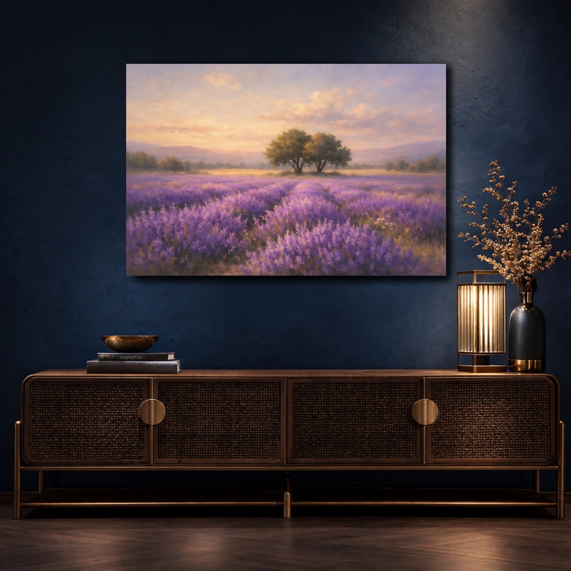Mockup 4. Nature Lavender Field Purple And Orange Landscape shown as stretched canvas wall art