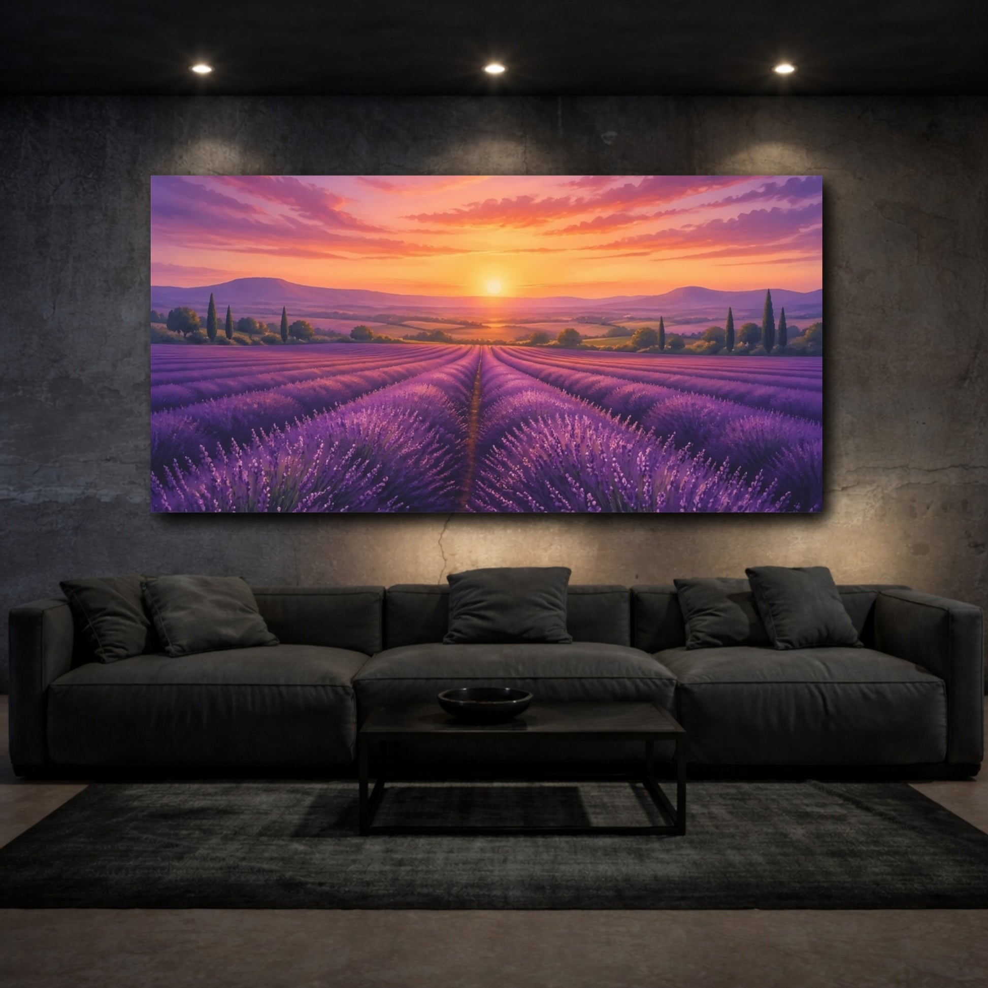 Mockup 2. Nature Lavender Field Purple And Orange shown as stretched canvas wall art