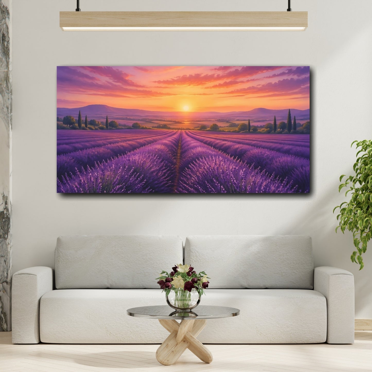 Mockup 3. Nature Lavender Field Purple And Orange shown as stretched canvas wall art