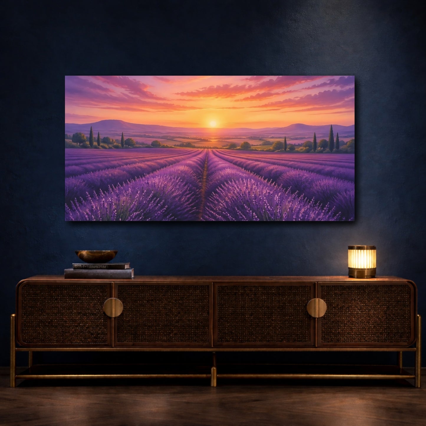 Mockup 4. Nature Lavender Field Purple And Orange shown as stretched canvas wall art